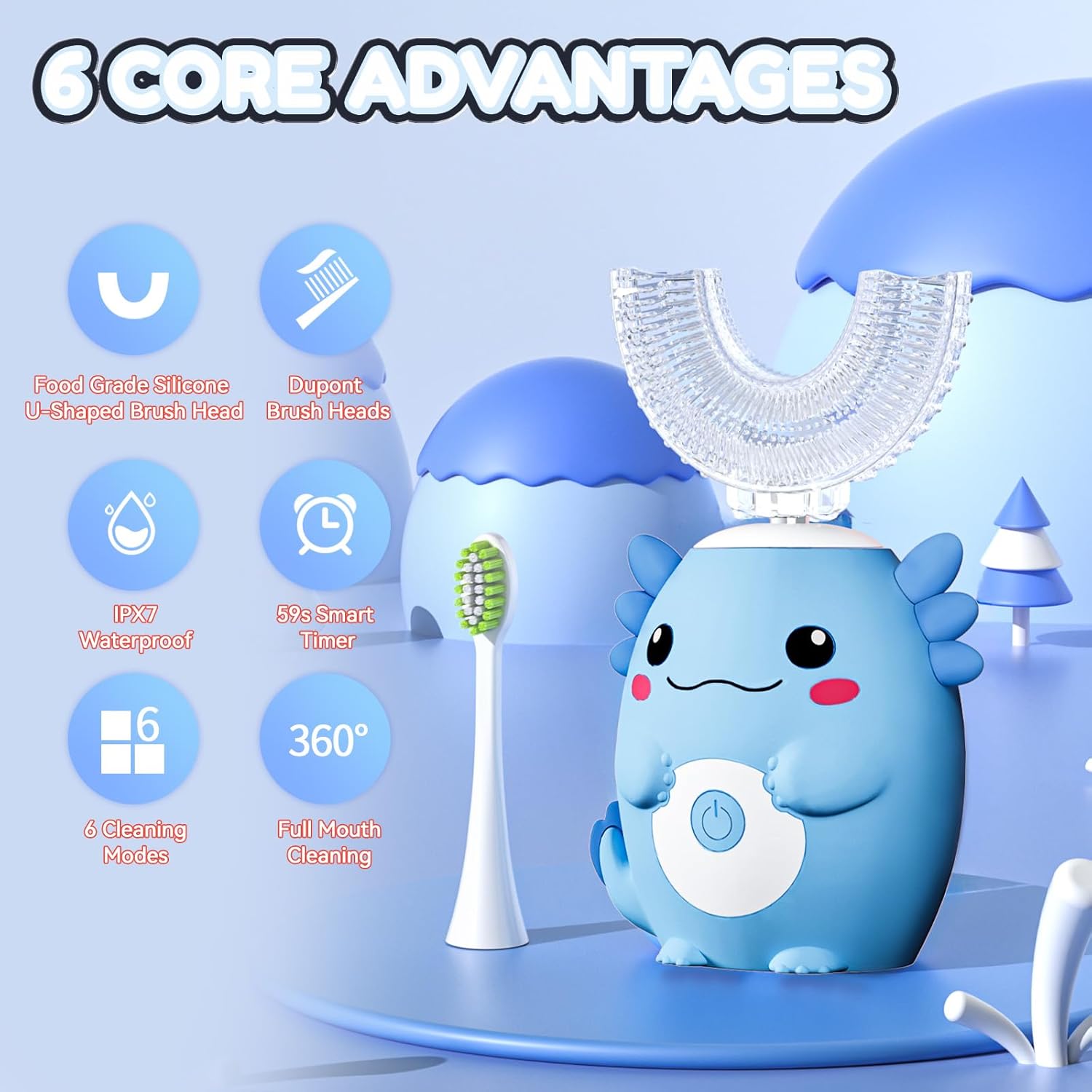 Kids Electric U Shaped Toothbrush - Axolotl Kids Cartoon Sonic Automatic Toothbrush with 6 Brush Heads Full Mouth 6 Cleaning Modes - Age2-15 Blue