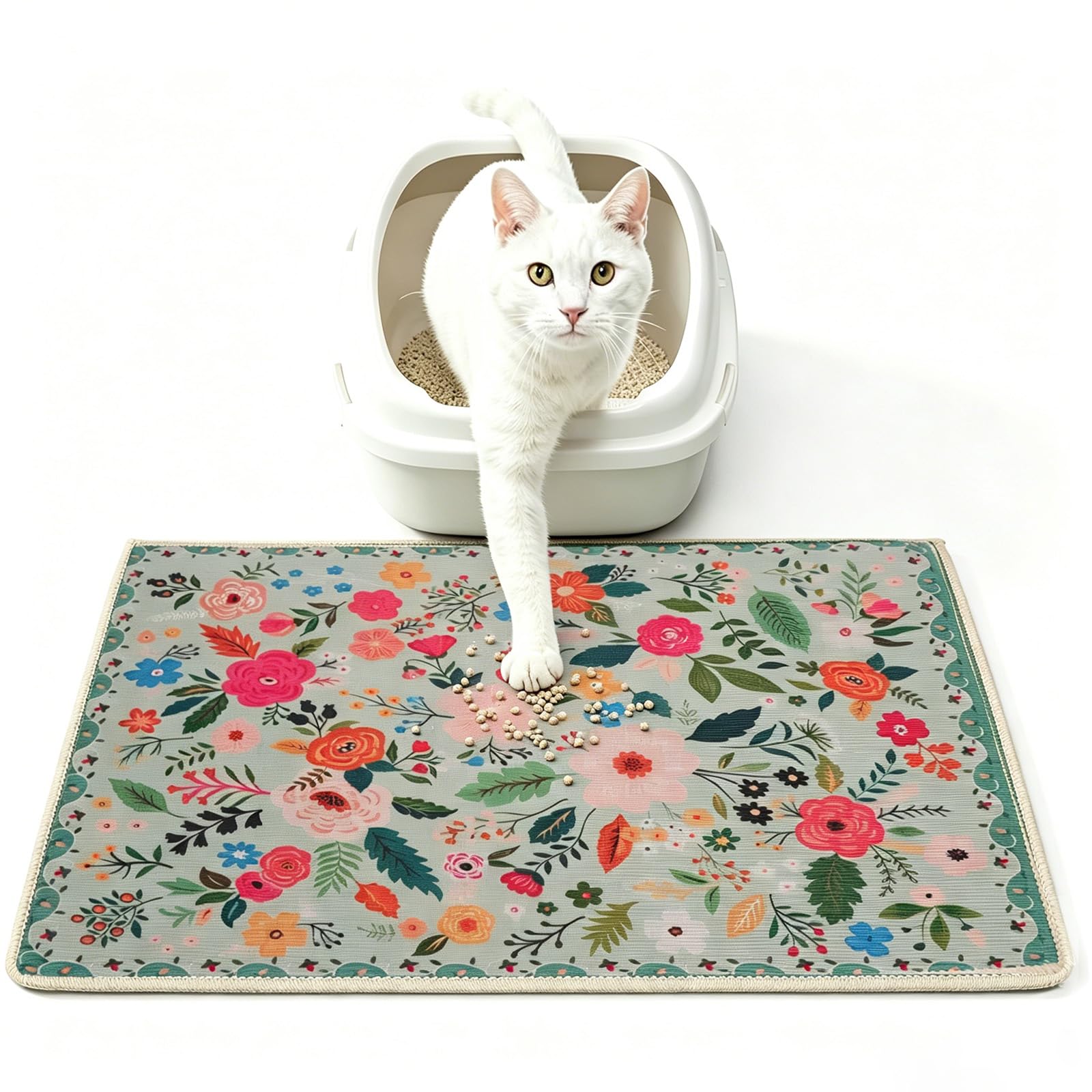 Aovanta Cat Litter Mat, 60 x 40 cm Large Kitty Litter Mats for Floor, Washable Non Slip Cat Litter Box Mats for Floor (Green)