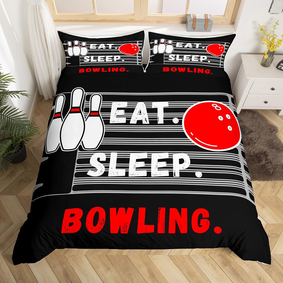 richhome Bowling Bedding Set Double Sports for Kids Boys Girls Eat Sleep Bowling Duvet Cover Set Black with 2 Pillow Cover