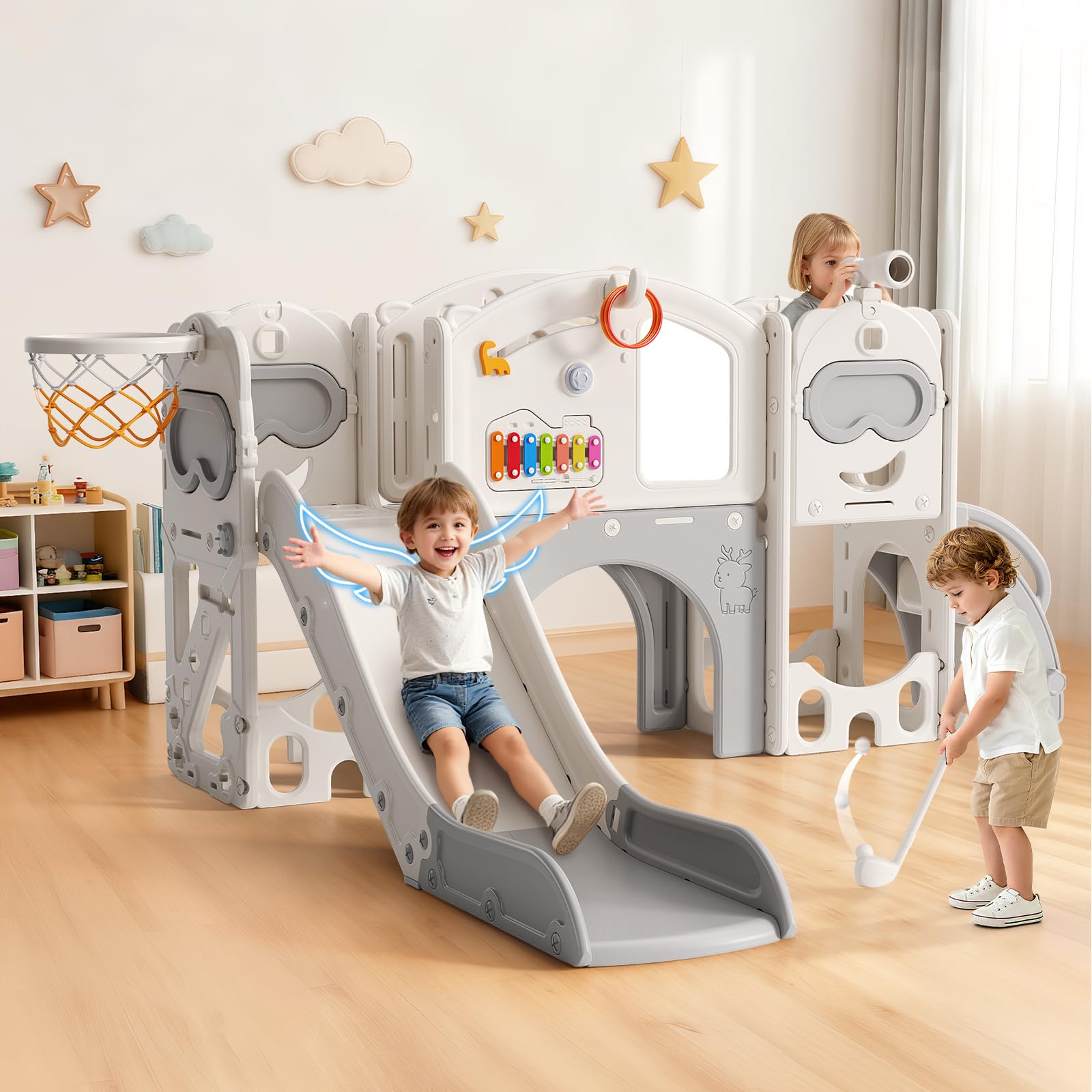 Set da gioco 13 in 1 per bambini, in HDPE, parete da arrampicata, cestino