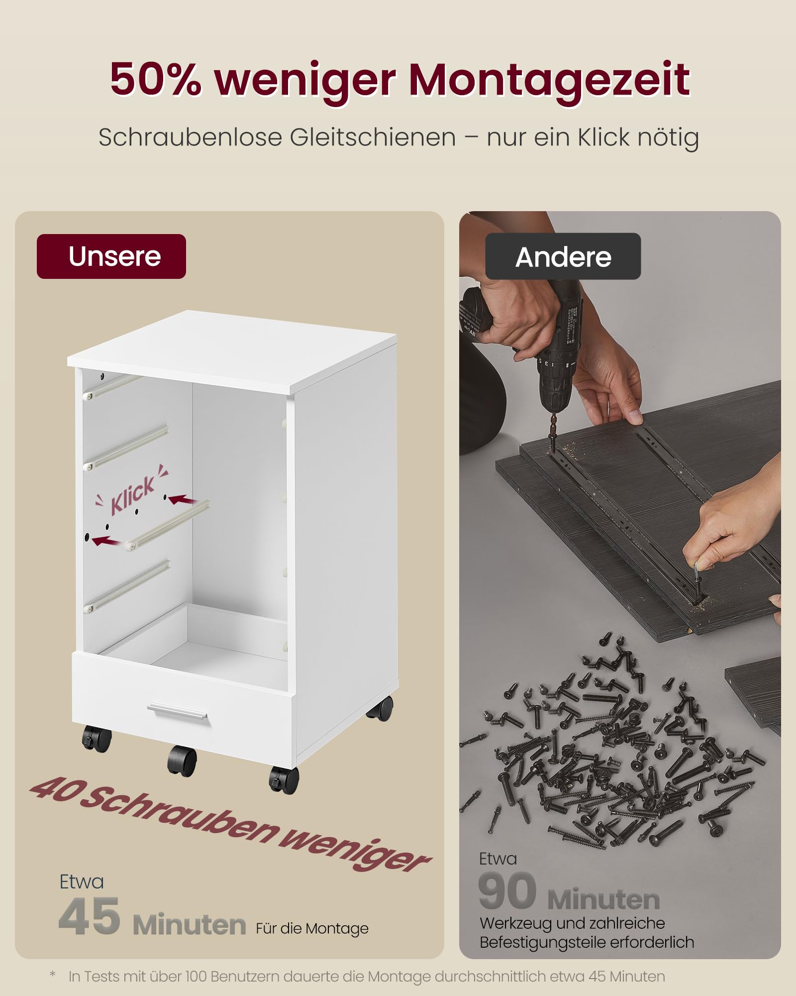 VASAGLE Custos Kollektion - Rollcontainer, mobiler Aktenschrank, Schubladenschrank, Druckerständer mit 5 Schubladen, mit schraubenlosen Gleitschienen, für Büro, Homeoffice, wolkenweiß OFC081W01V1