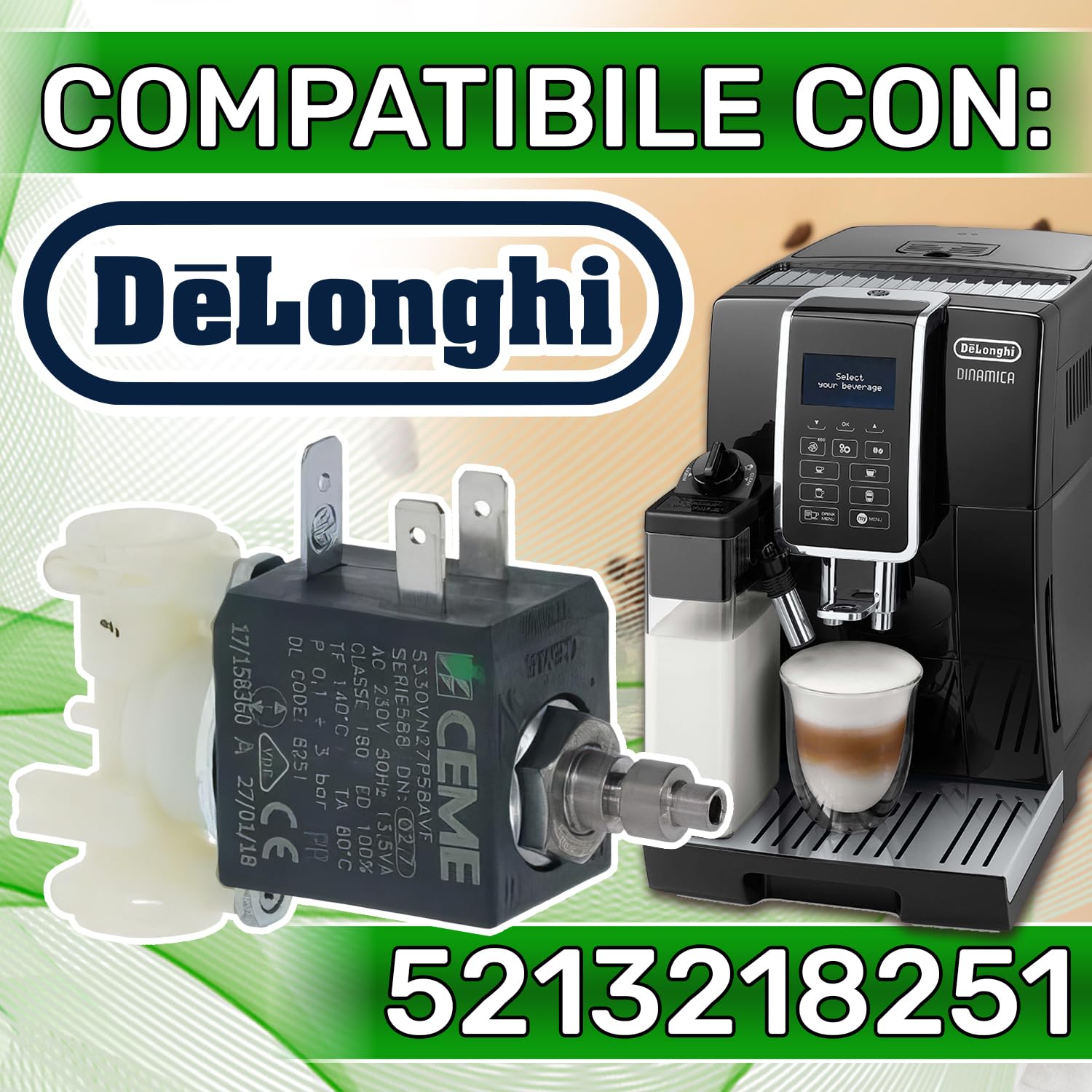 Elettrovalvola per Macchina Caffè 3-Vie con Codice Originale 5213218251 5213212421 5213220251 5213214171 5213215961 per DeLonghi ECAM ETAM - MADE IN ITALY - Garanzia di 5 Anni - ONIX TECH