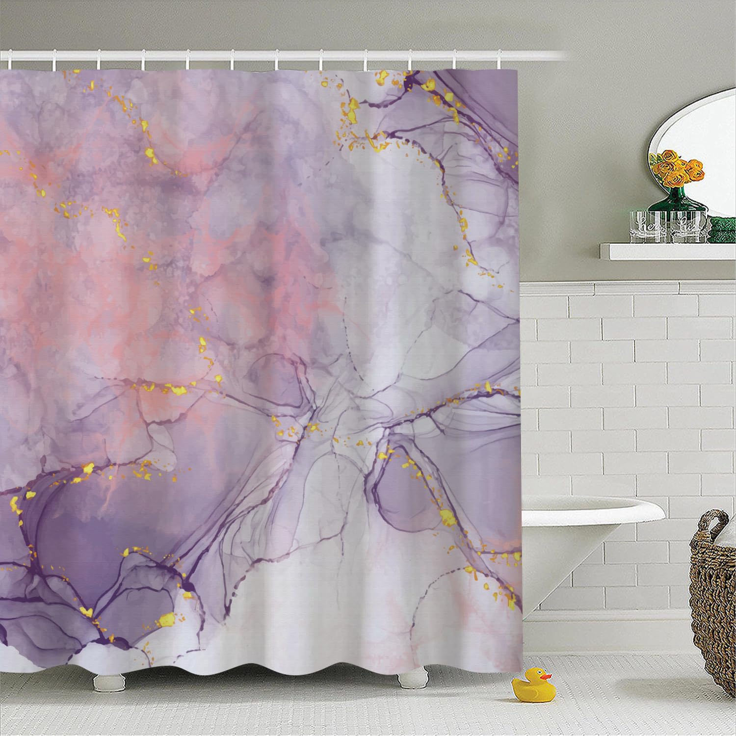 Rideau de douche marbre violet et doré étanche en tissu moderne de haute densité