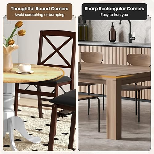 Miniatura 14 de COSTWAY Mesa de comedor redonda para 4, mesa de cocina de 39 pulgadas con marco de madera de goma maciza, almohadillas ajustables para los pies,