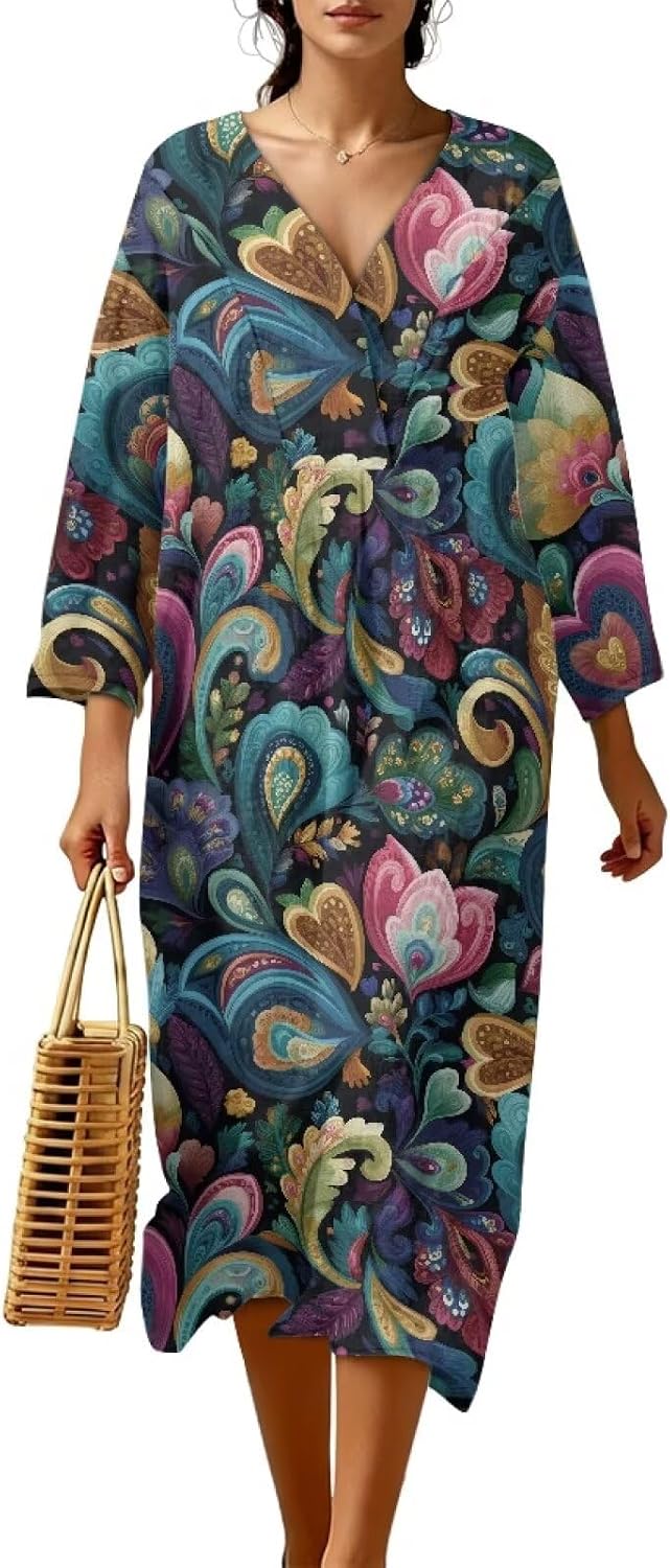 Wanyint Summer Dress for Women, Long Sleeve V-Neck Wrap Linen Look Midi Wedding Guest Dress, Loose Casual Beach Wear, S-4XL