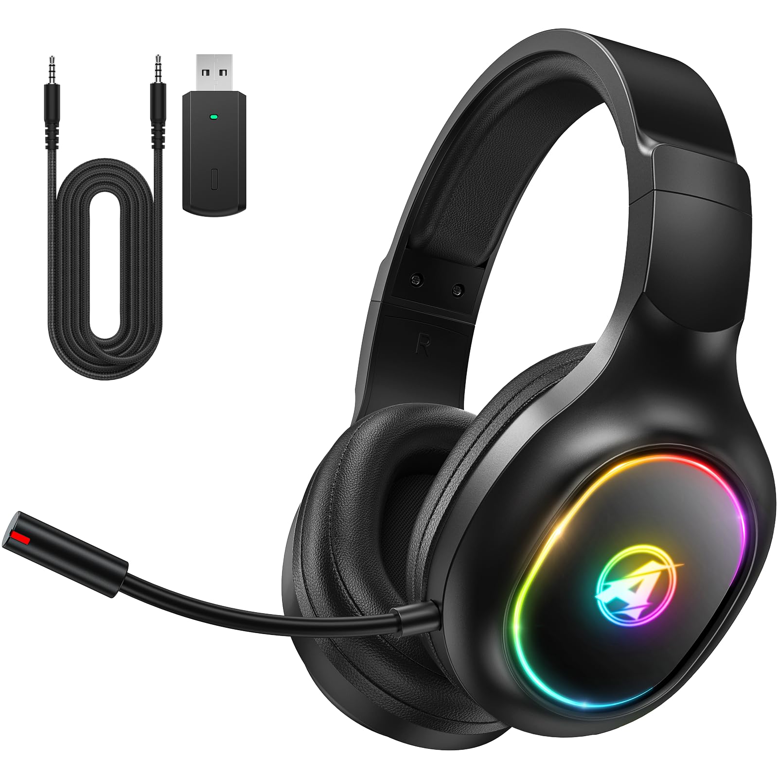 Wireless Gaming Headset für PS4, PS5, PC, Mac, Switch, 2,4 GHz Gaming Kopfhörer mit Geräuschunterdrückung und RGB Licht, Bluetooth Kopfhörer mit Kabel 3.5mm, Schwarz