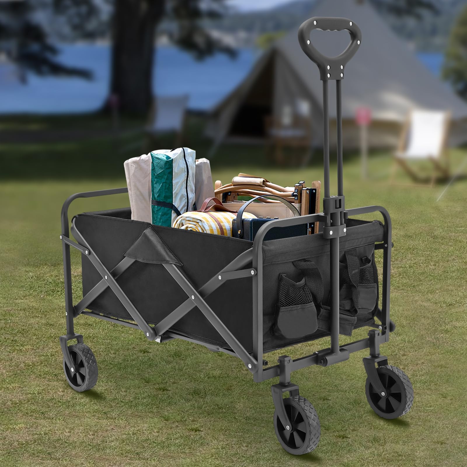 Carro plegable de hasta 80 kg – Carro de transporte con 2 soportes para copas para playa, jardín, camping y compras (ligero y resistente, negro)