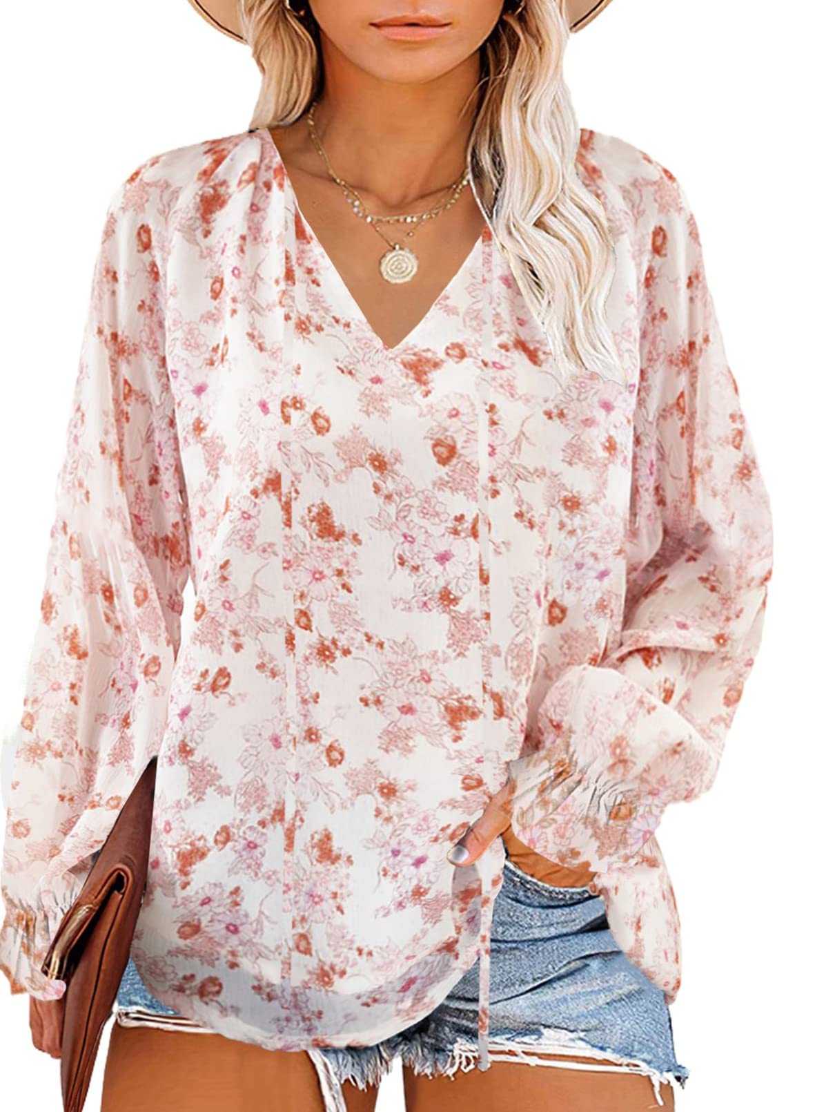 Eytino Women Plus Size Boho Floral Printed Tops Casual V Neck Long Sleeve Drawstring Blouses Shirts,3X White