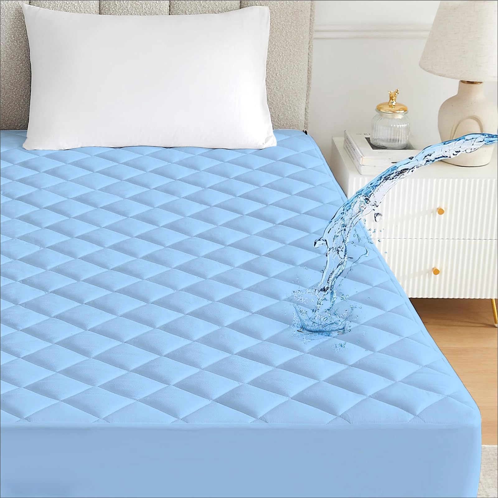 Ayka 100% Waterproof Cotton Quilted Mattress Protector Queen Size Breathable Hypoallergenic Noiseless Ultra Soft Fitted Bed Protector 75x60 inch Mattress/Bed Cover (Queen 75x60 | 6.25x5 ft, Blue)