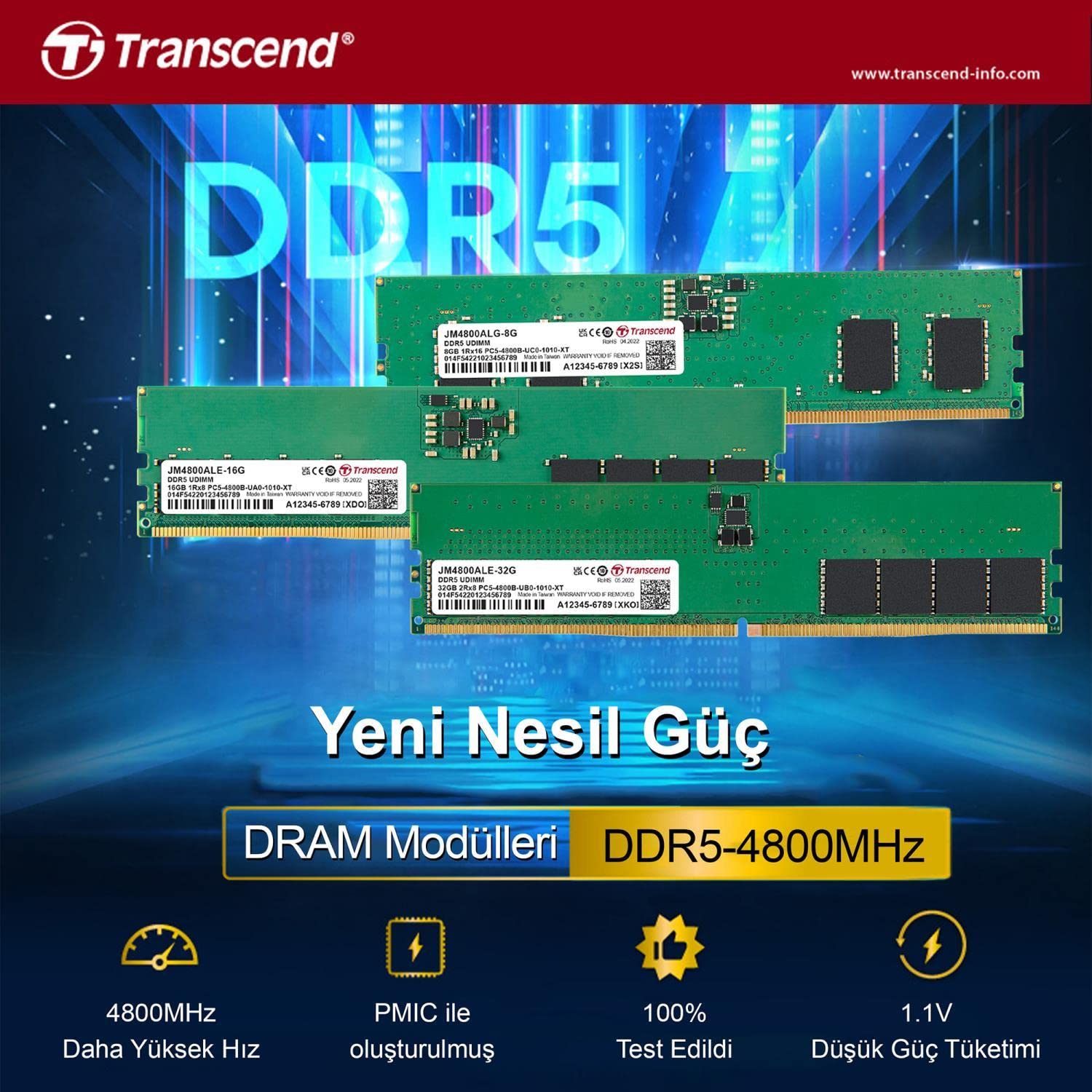 Transcend 16GB DDR5 メモリ JM4800ALE-16G Transcend JM4800ALE-16G 16GB DDR5 4800Mhz CL40 1.1V Masaüstü Ram
