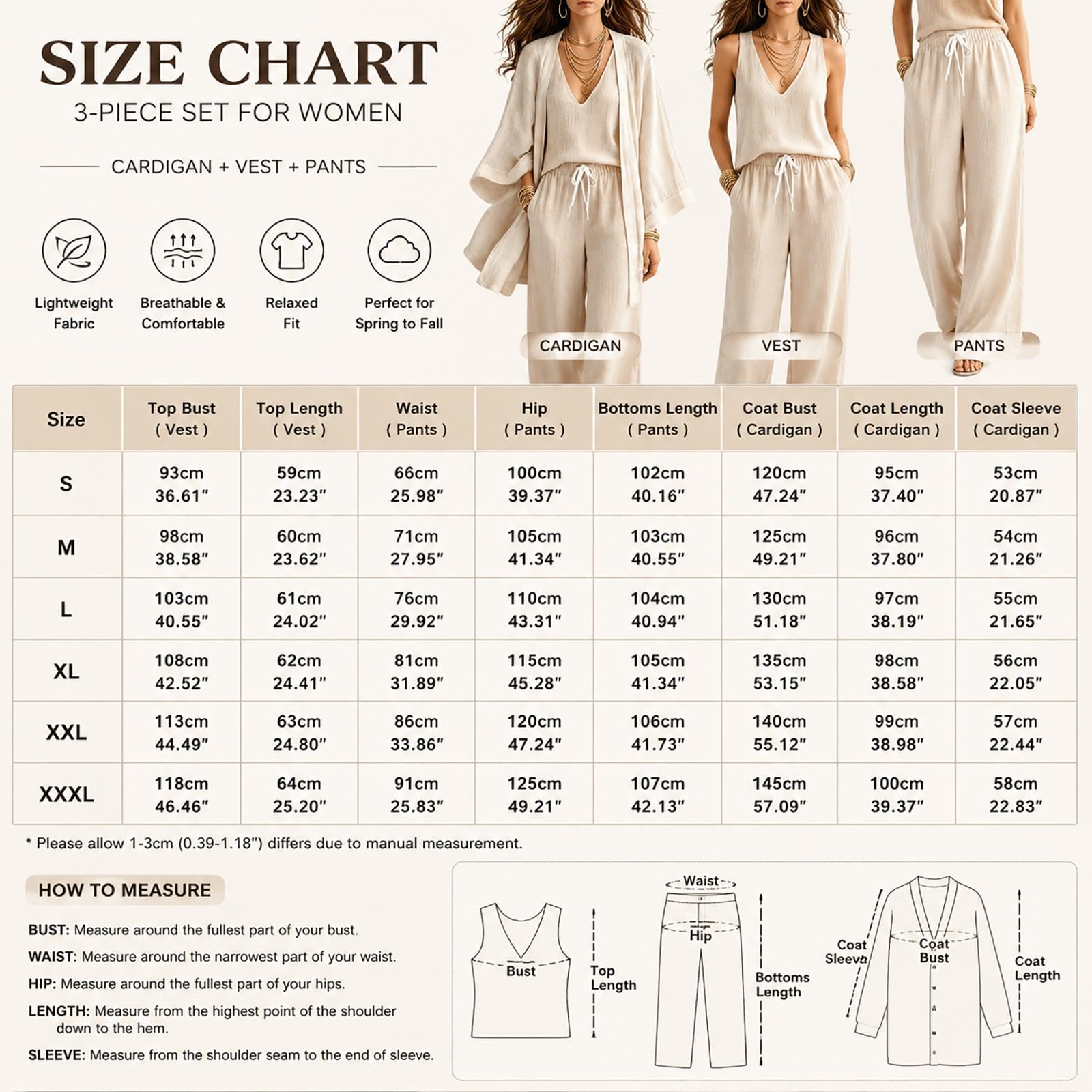 3 Pezzi Set Donna Lino Tuta Sportive Leggero Veste + Cardigan + Pantaloni