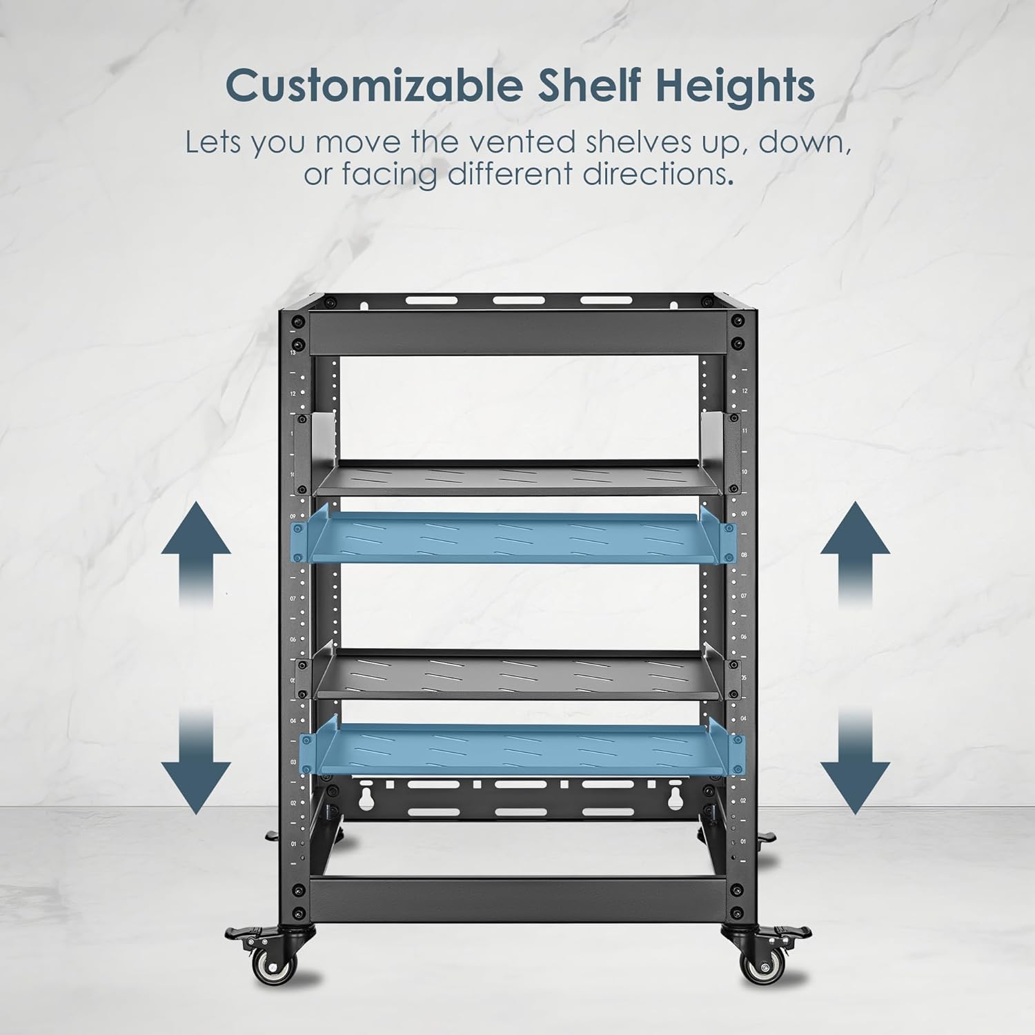 Image showing the server rack with two blue highlighted shelves indicating customizable height adjustments with up and down arrows.