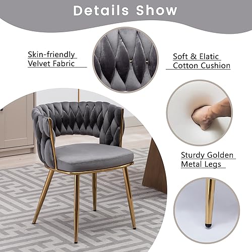 Miniatura 5 de KCC Juego de 4 sillas de comedor de terciopelo, sillas de comedor modernas doradas con patas de metal, sillas de comedor tapizadas tejidas para