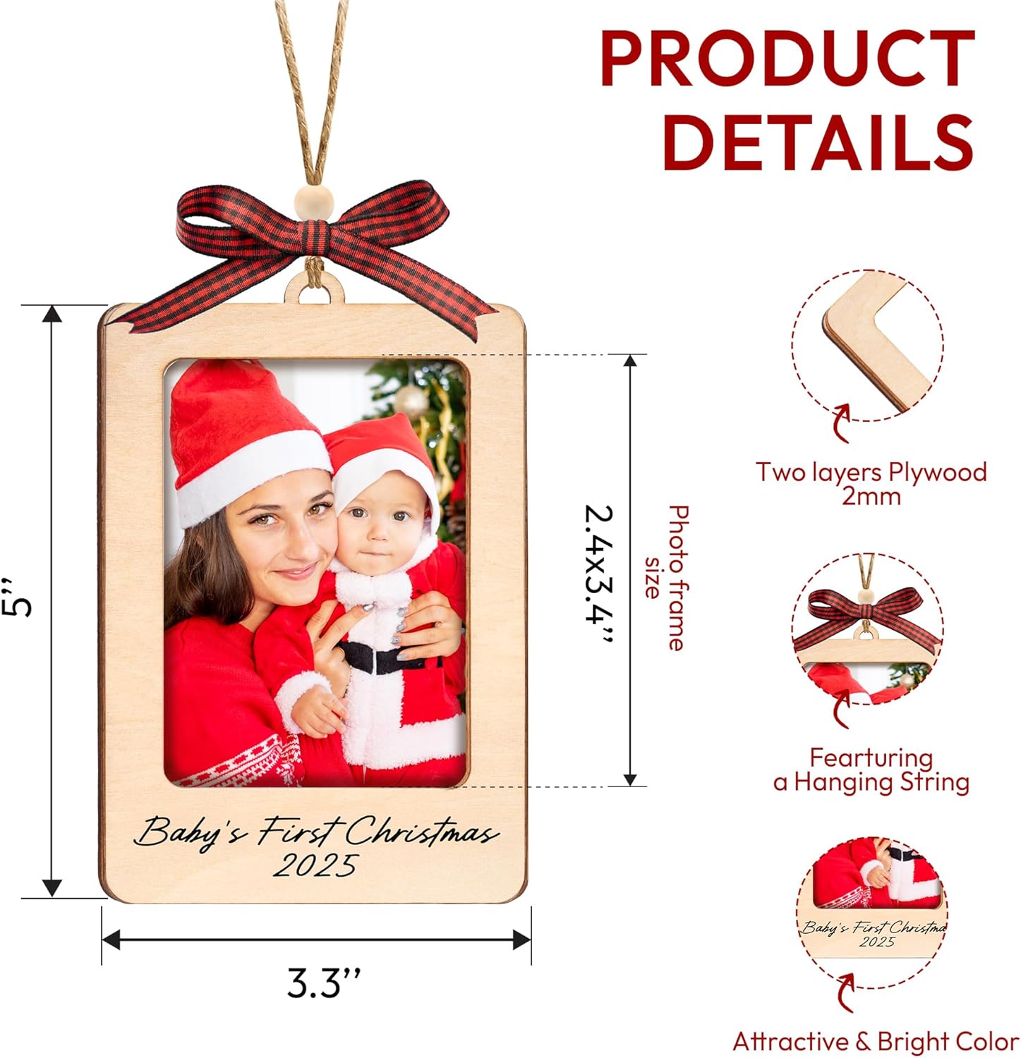 Baby's First Christmas Ornament 2025, Wooden Picture Frame Ornaments for Tree, Babys First Christmas Ornament 2025 Girl and Boy, Photo Frame Ornaments, 1st Xmas Gifts for Babies, Girl, Boy - Image 5