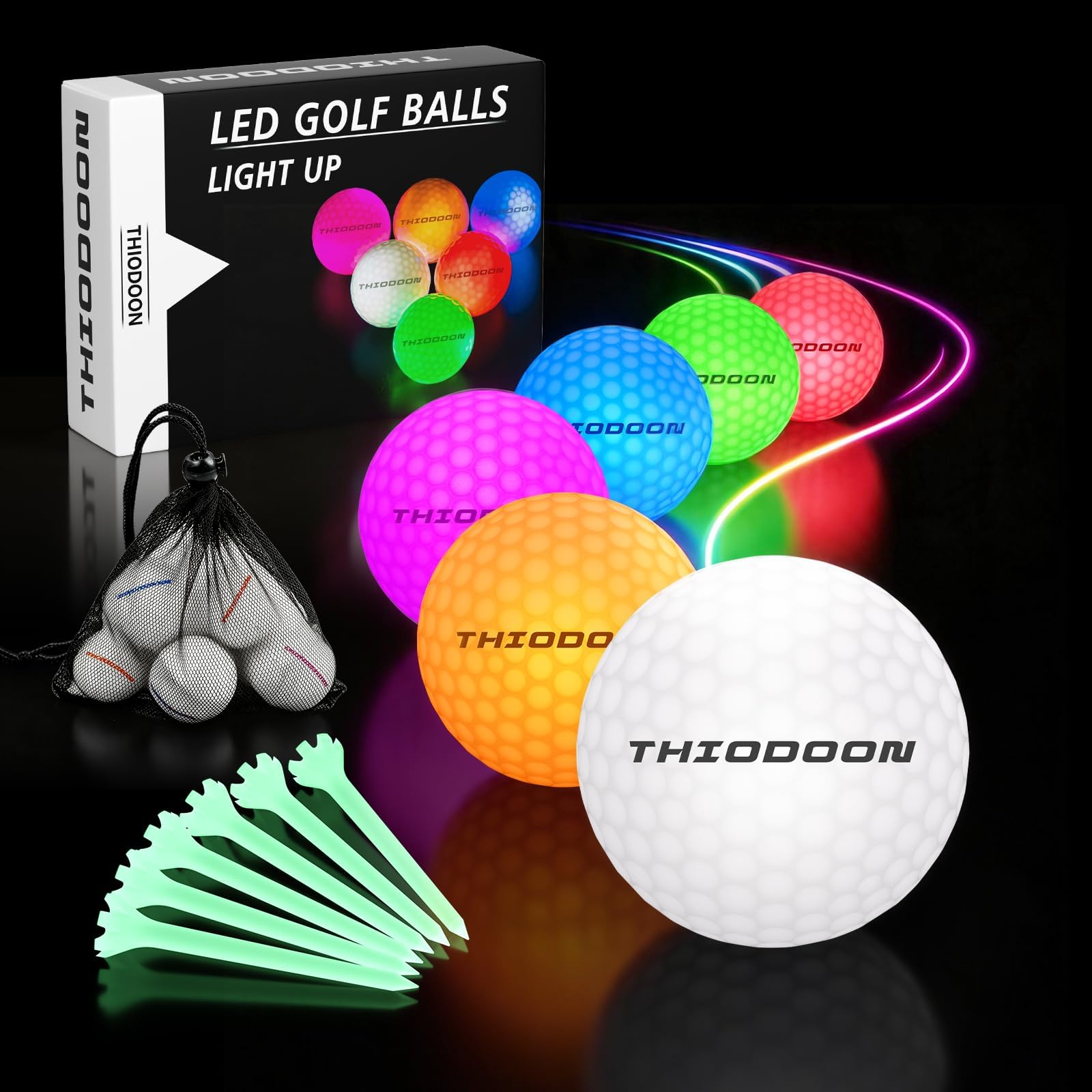 THIODOON Glow in The Dark Golf Balls Light up Led Golf Balls Night Golf Gift Sets for Men Kids Women 6 Pack (6 Colors in one with Glow Golf Tees and Storage Bag) for On-Course & Backyard Use