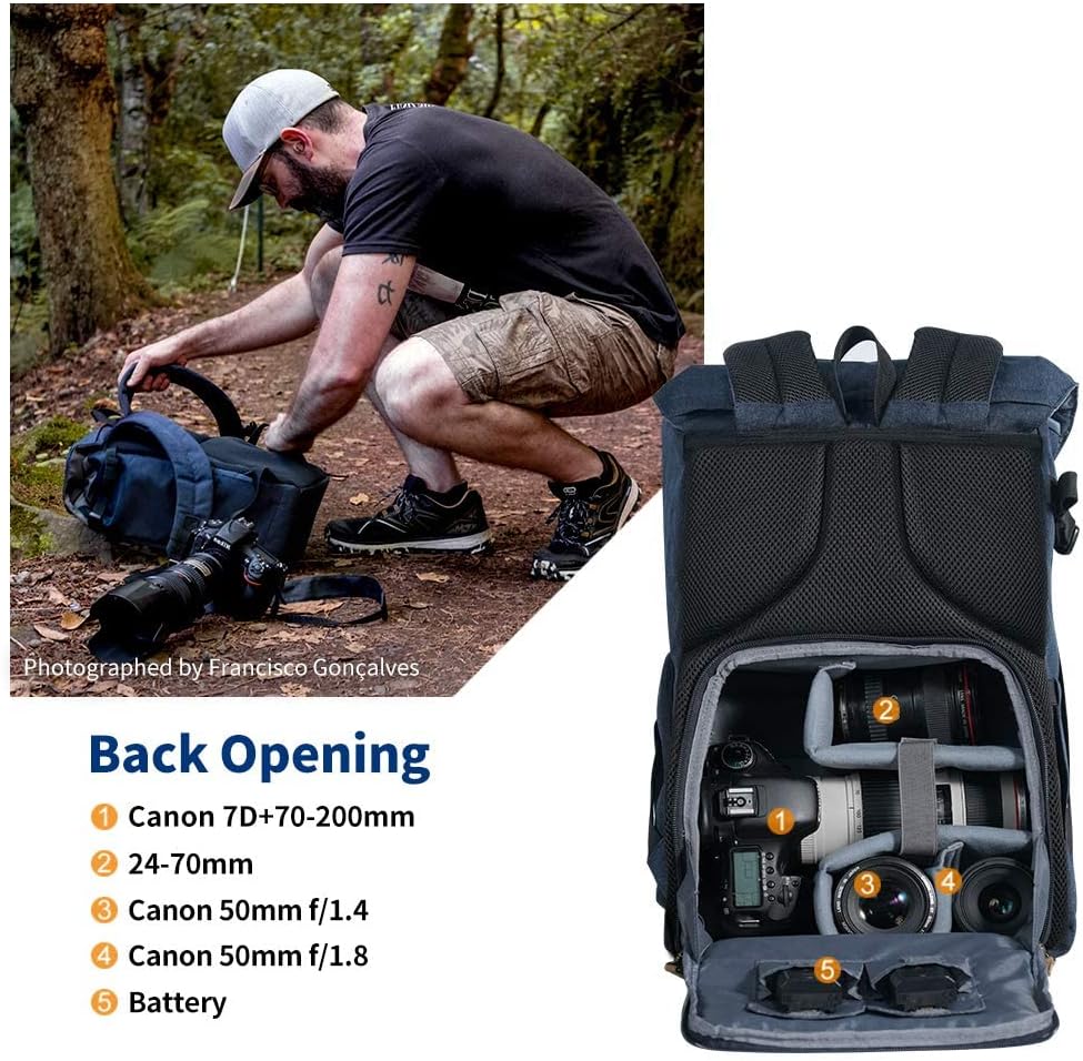 K&F CONCEPT Camera Backpacks for Photographers Travel Bag for Tripod Camera Lence Accessory with laptop compartment and Rain Cover Waterproof Multi-Functional Camera Bags for Dslr Cameras Black - Image 4