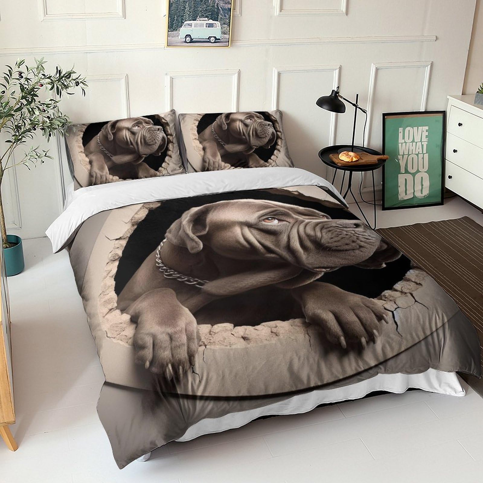 Housse de couette chien 3D 220x240cm avec 2 taies d'oreiller pour lit King