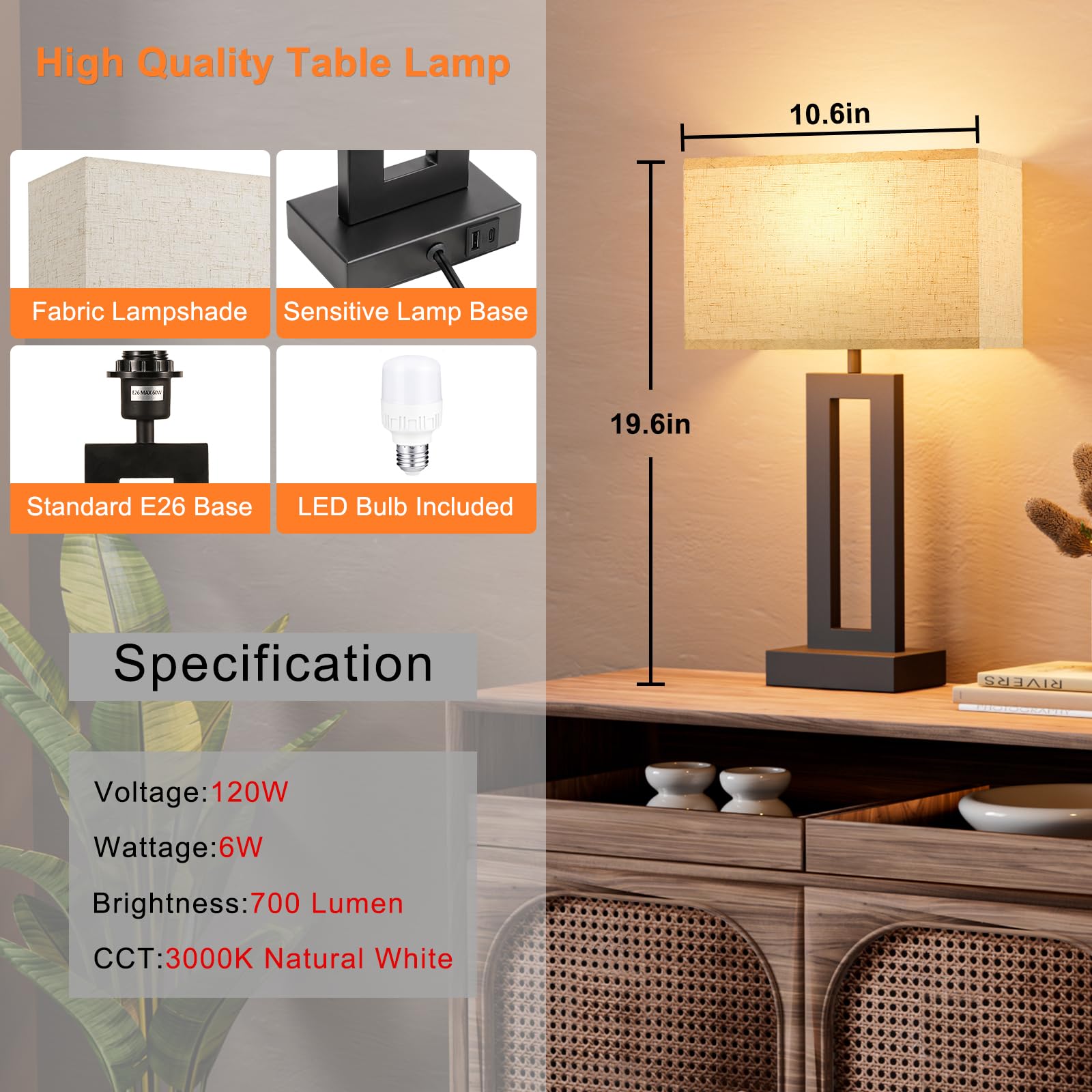 Nachttisch-Tischlampen für Schlafzimmer, Touch-Nachttischlampe mit USB C + A, 3-Wege-dimmbar, Wohnzimmerlampen für Beistelltische, 2er-Set, moderne Nachttischlampen für Bett, Seite, Gästezimmer