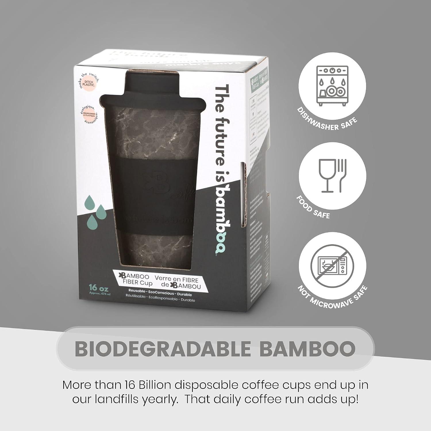 The future is bamboo - Reusable Coffee Cup Eco Friendly Bamboo Fibe Coffee Tumbler and Travel Mug 16oz, Dark Marble | Organic Bamboo Fiber