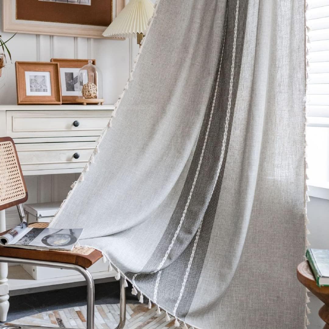 Colorigan Boho Semi Blackout 63 84 96 Inches Length 2 Panels Set Farmhouse Window Curtains with Tassels, Striped Embroidered Rustic Cotton Linen Long Bohemian Curtain Drapes for Living Room, Bedroom