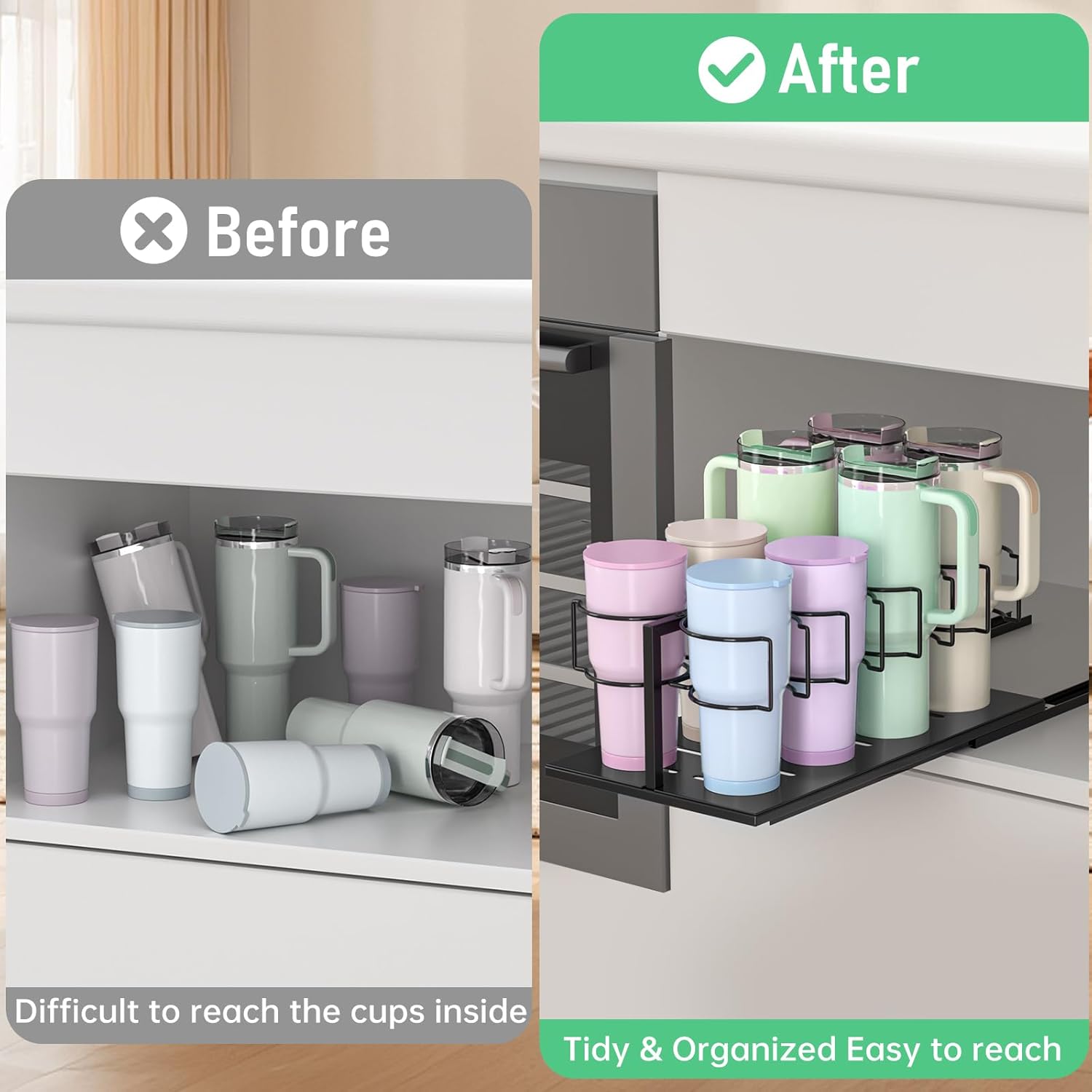 Pull Out Water Bottle Organizer for Stanley, Slide Out Tumbler Storage Organizer for Cabinet, Tumbler Holder for Stanley 20 30 40 oz Cups, Silent Sliding Cup Holder Rack, Easy to Install (Black)
