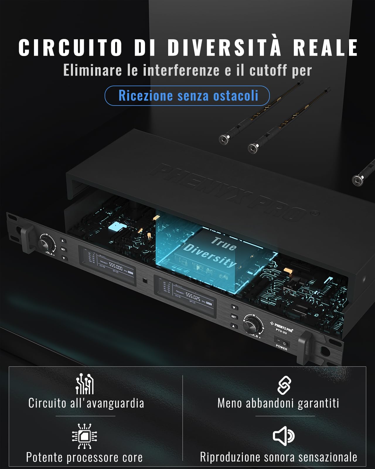 Phenyx Pro Sistema Microfono Wireless UHF a 2 canali PTU-2U-2H | True Diversity, Auto Scan, 2 × 1000 canali, portata 328 ft, sync IR rapido, 2 microfoni dinamici, voce live