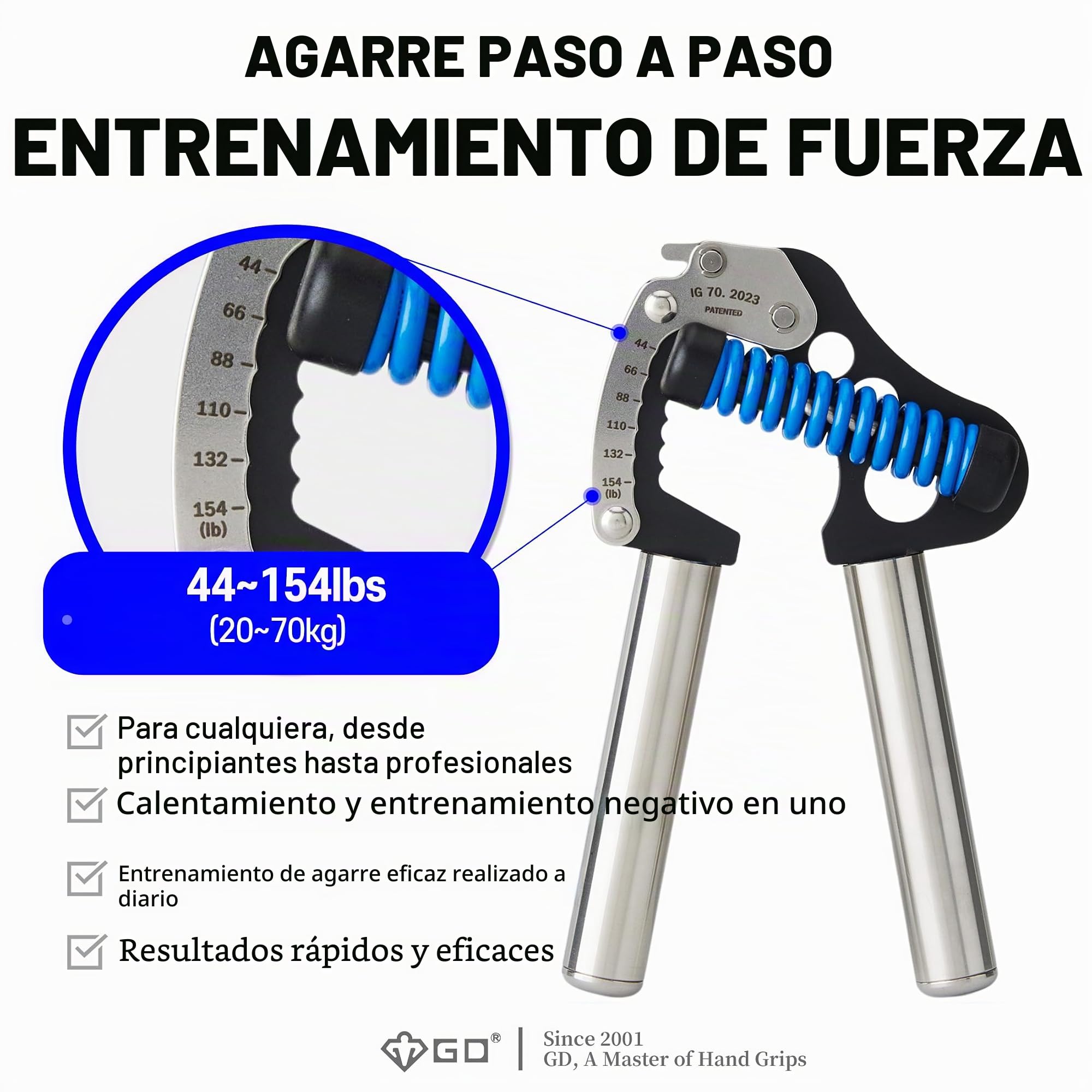 GD Iron Grip 70 - Fortalecedor de mano (agarre de mano ajustable) Entrenador de fuerza de muñeca y antebrazo