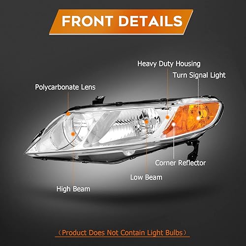 Miniatura 10 de Conjunto de faros delanteros para Honda Civic Sedan 4 puertas 2006-2011 carcasa negra reflector ámbar lente transparente conductor y pasajero lado