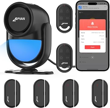 CPVAN WiFi Motion Sensor Alarm System, 125dB Smart PIR Motion Detector with 4 Door Window Sensors, Phone App Alerts, Wireless Indoor Home Security Kit, 2.4GHz WiFi, Black