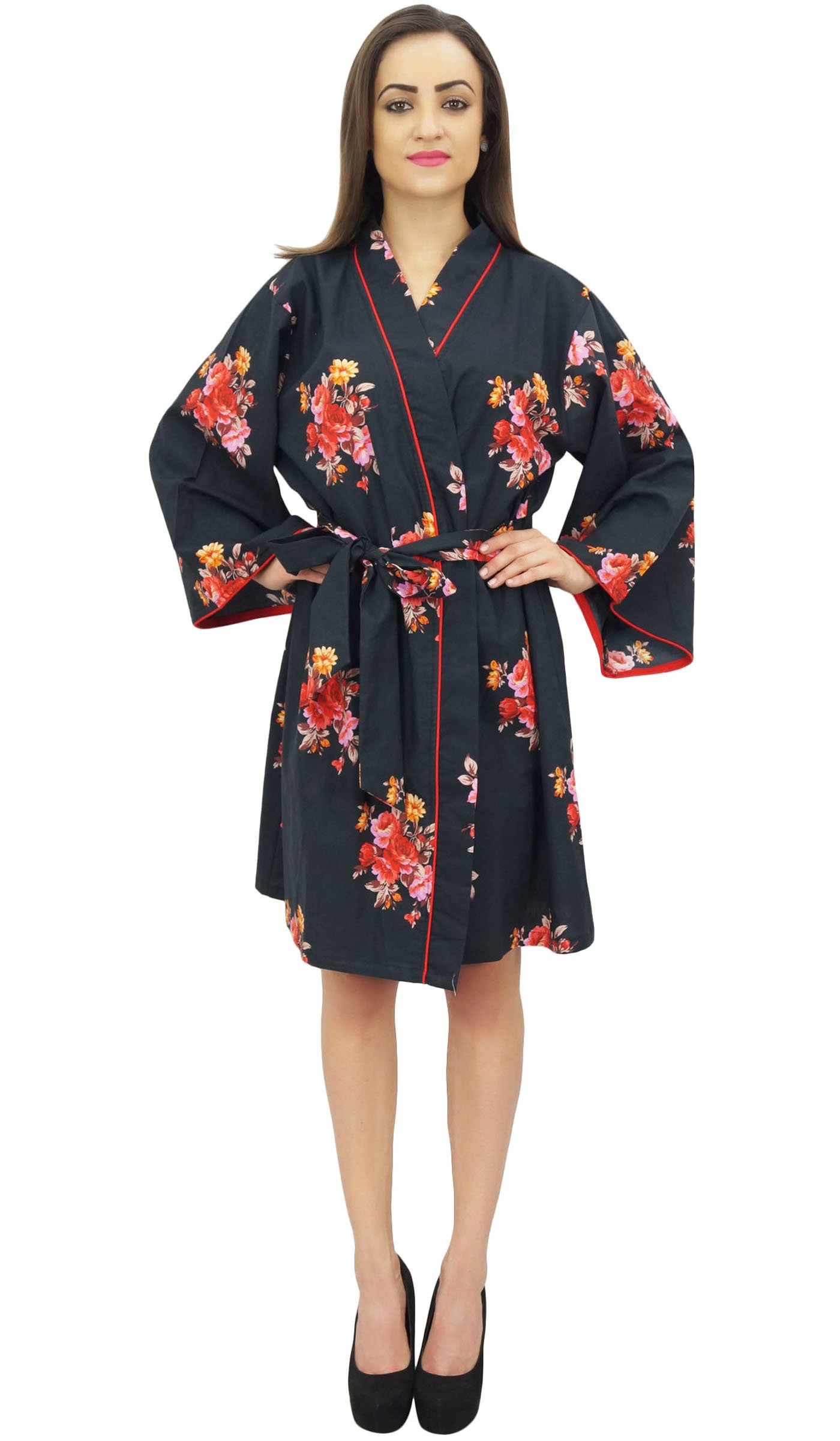 Bimba Mujeres Estampado Floral Kimono Robe Algodon Popelin Ropa De Dormir Nupcial Cubrir