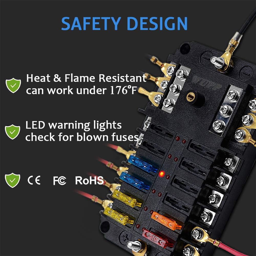 WUPP 12 Volt Fuse Block, Marine Boat Fuse Block Waterproof 12 Way Automotive Fuse Box with 12 Ground Negative Busbar [100 Amp Max] [ATC/ATO Fuses] [LED Indicator] for Car RV Truck Golf Cart : Automotive