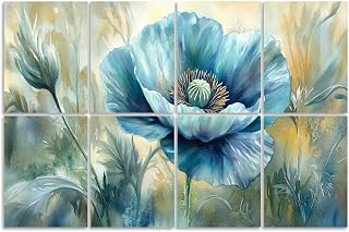8 Pack Art Acoustic Panels Sound Absorbing Blue Abstract Teal Watercolor Spring Flower Floral Delicate Petals Decorative Soundproof Wall Panels Self Adhesive for Recording Studios Office 48"x32"