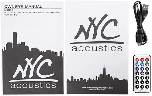 Miniatura 8 de NYC Acoustics NPB3 Dual 4 "Altavoz Bluetooth Boombox portátil+USBSDLED+Remoto, Negro