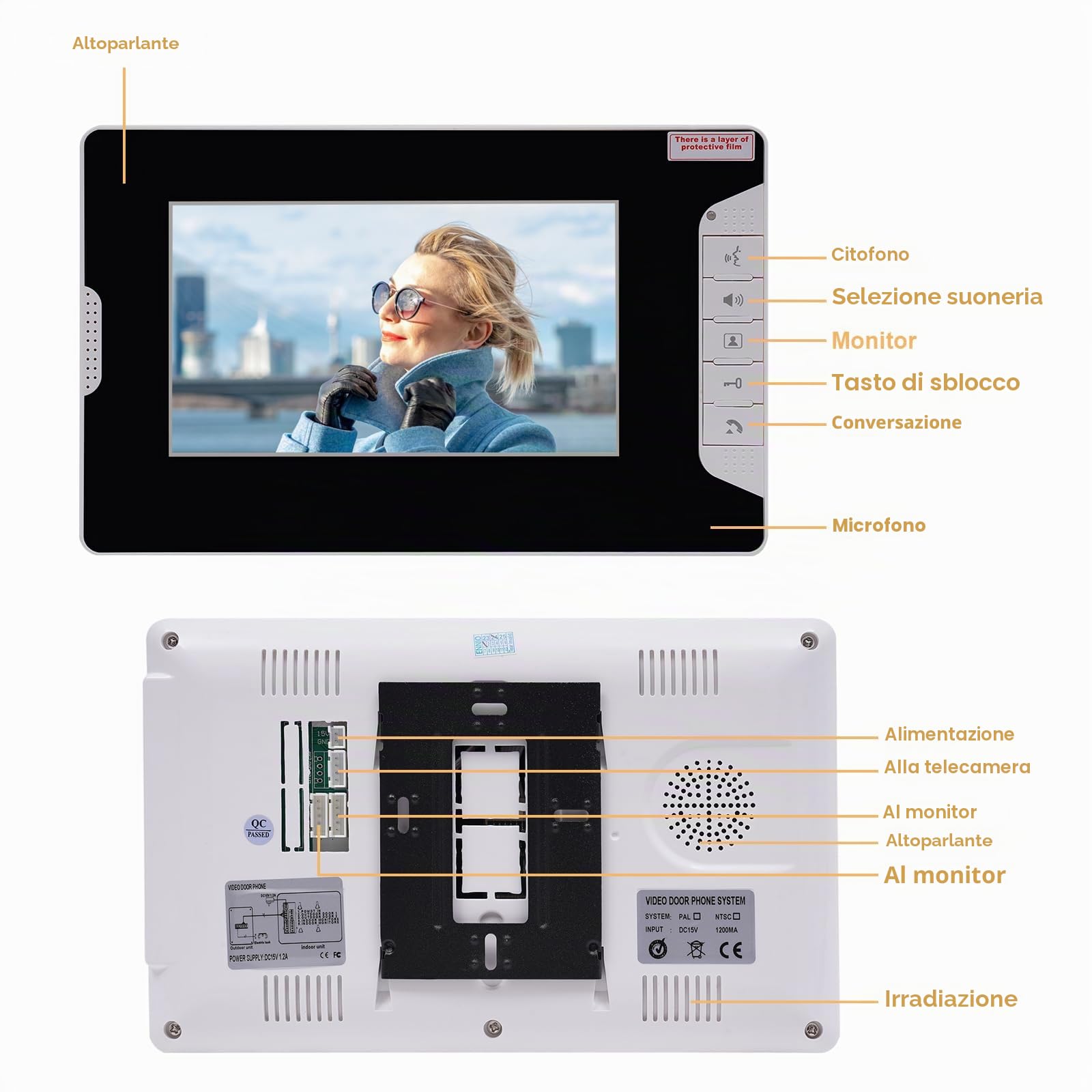 Citofono Video Domestico Videocamera Campanello Monitor Kit Casa Familiare Telefono Porta Filo Audio Videocitofono Senza Fili Esterno Telecamera Suoneria Rilevamento Campanello Monitor
