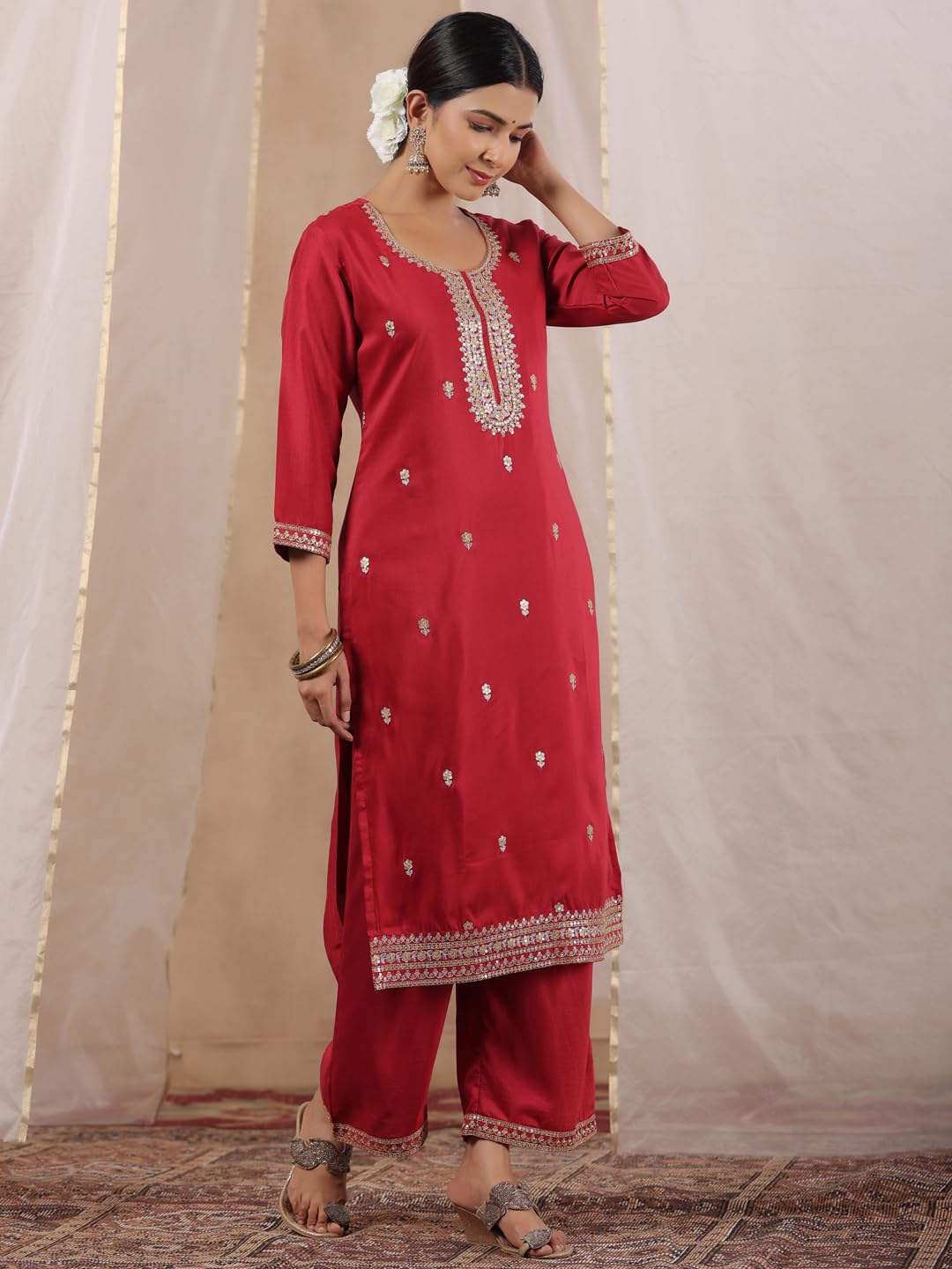 Ishin Women's Fuchsia Zari Work Ethnic Motifs Poly Silk Straight Kurta