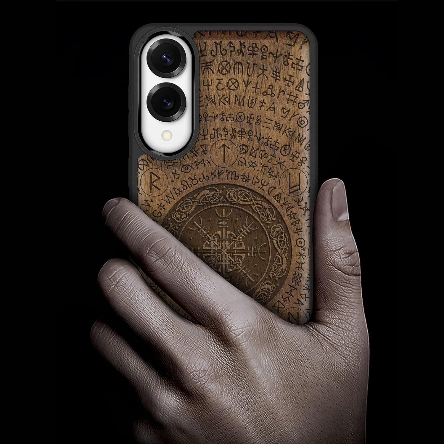 Carveit Magnetic Wooden Case for Samsung Galaxy S25 Edge Case 2025, TPU Shockproof Cover & Wood Artisan Engraved, Compatible with MagSafe Wireless Chargers (Viking Symbol) Walnut