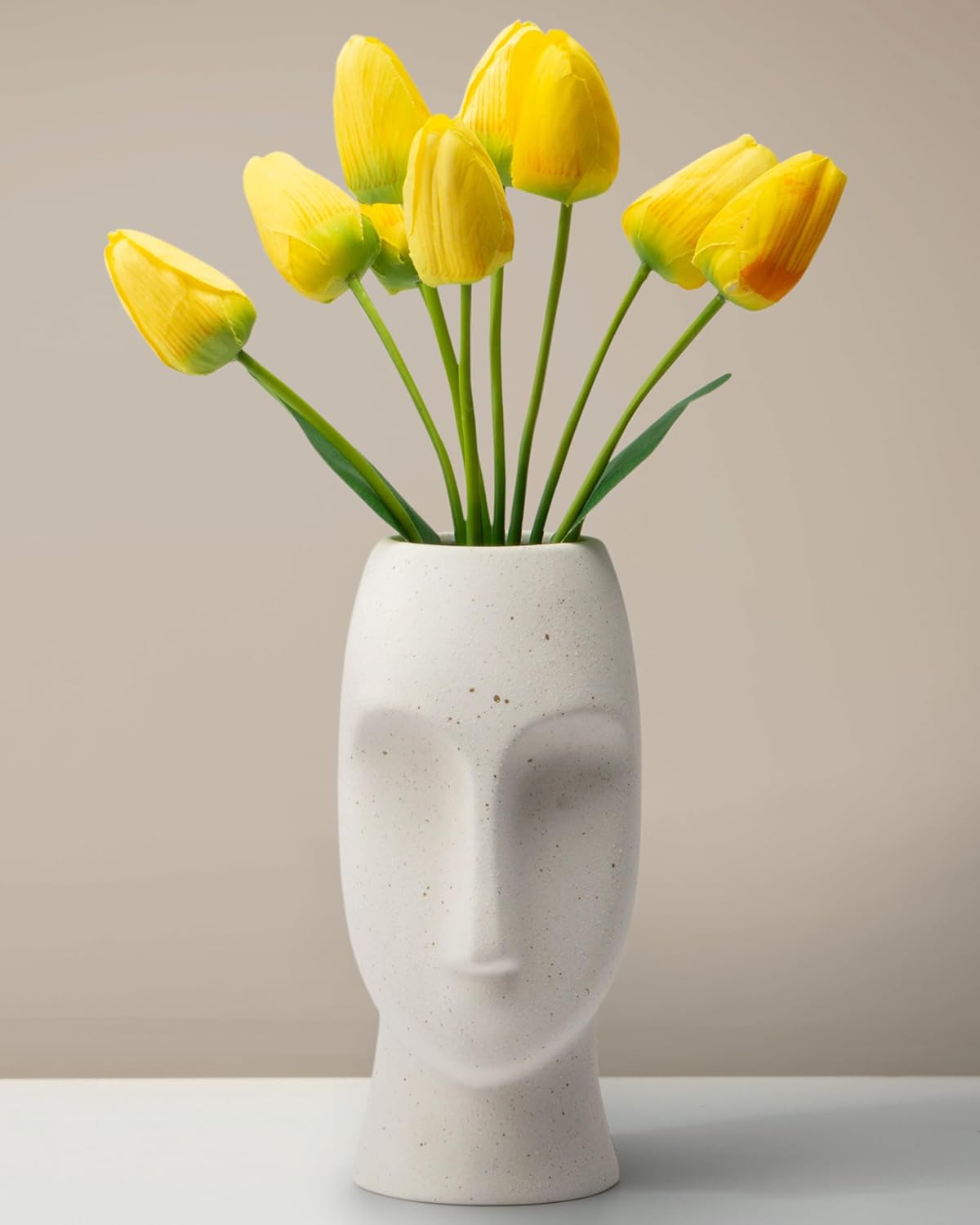 Ceramic White Head Face Vase for Flowers, Plants, and Succulents - Easter Island Moai Head Statue - Minimalist Modern Boho Contemporary Decor for Home, Living Room, Dining, and Bedroom (11 inch)