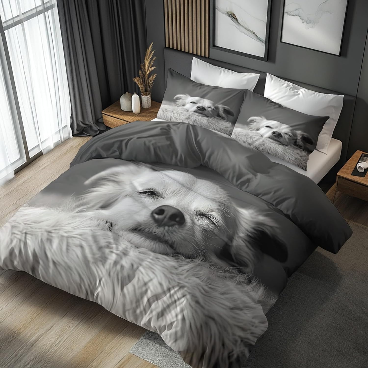 Housse de couette 200x200 cm avec 2 taies d'oreiller motif chiot