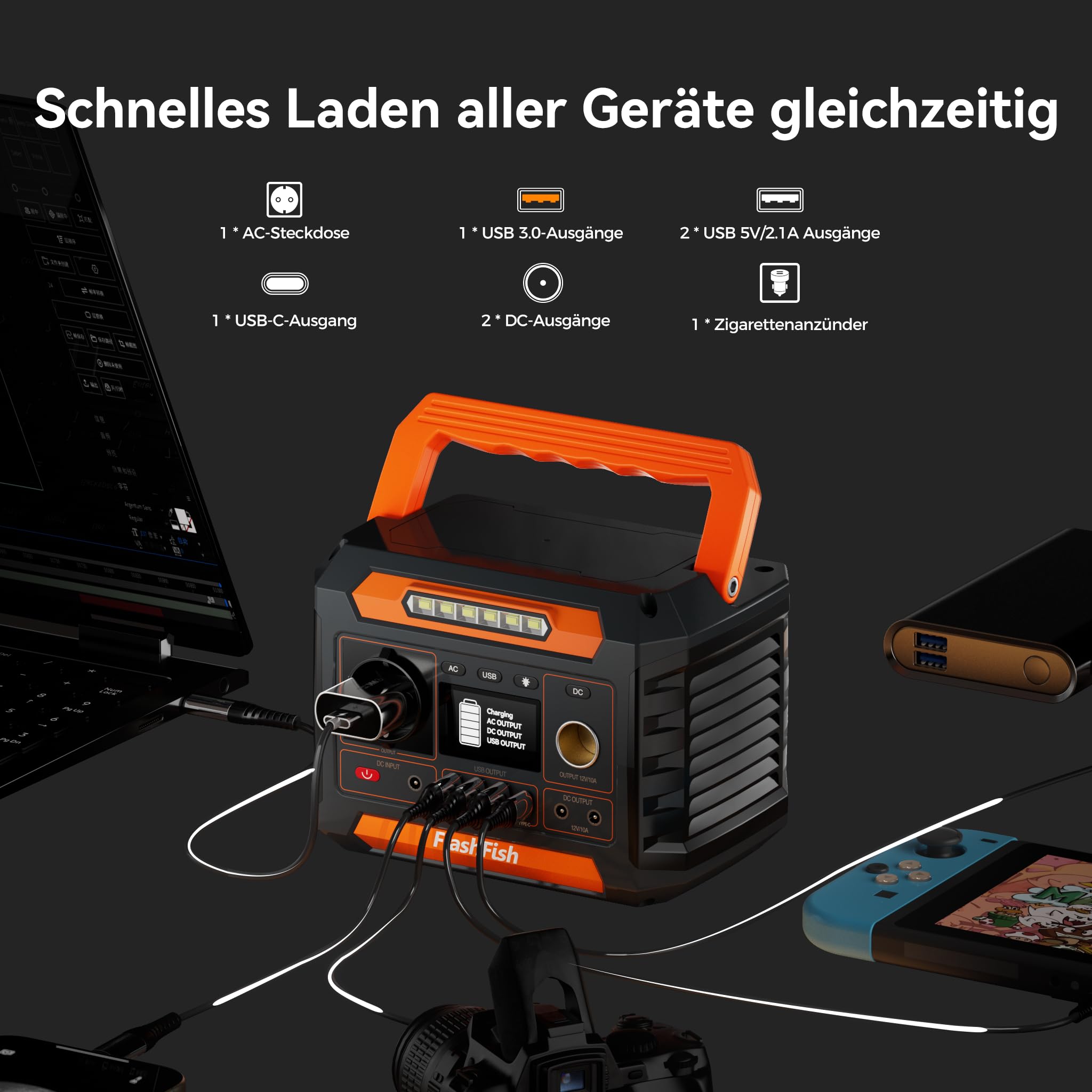 FlashFish P66A Tragbare Powerstation 144.3Wh, 200W Solar Generator mit 230V AC/DC/USB/Typ C/LED-Lichter, Stromgenerator Akku für Camping, Reise, Unterwegs, Notstrom