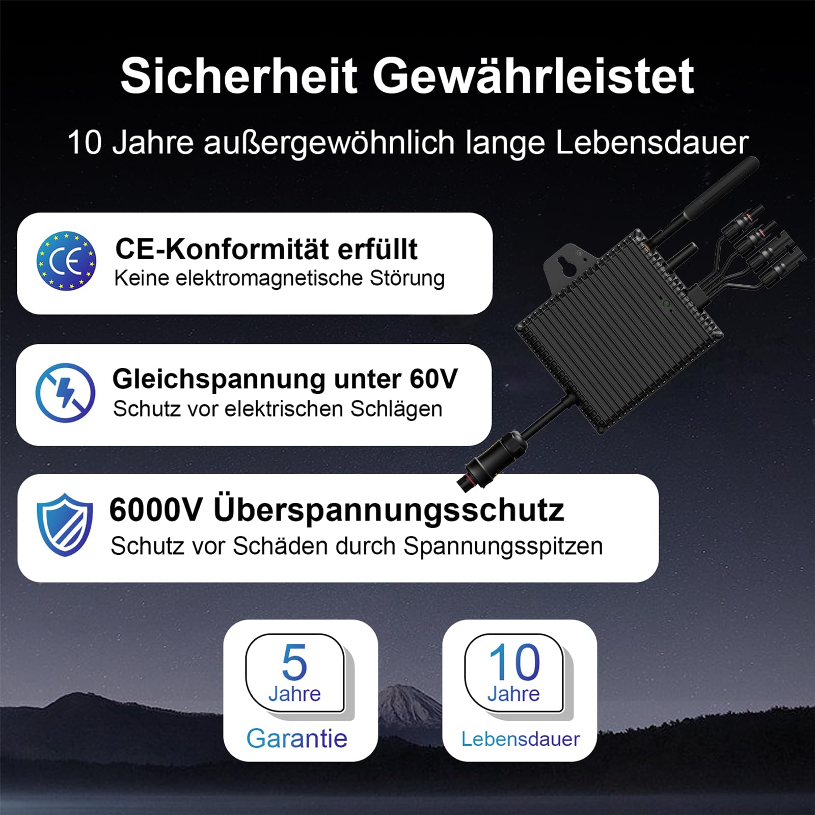 Mikrowechselrichter 800W mit 5m Kabel, Wechselrichter MPPT Mikro-Solar-Netzeinspeise, WiFi Überwachung mit APP IP67 Wasserdicht