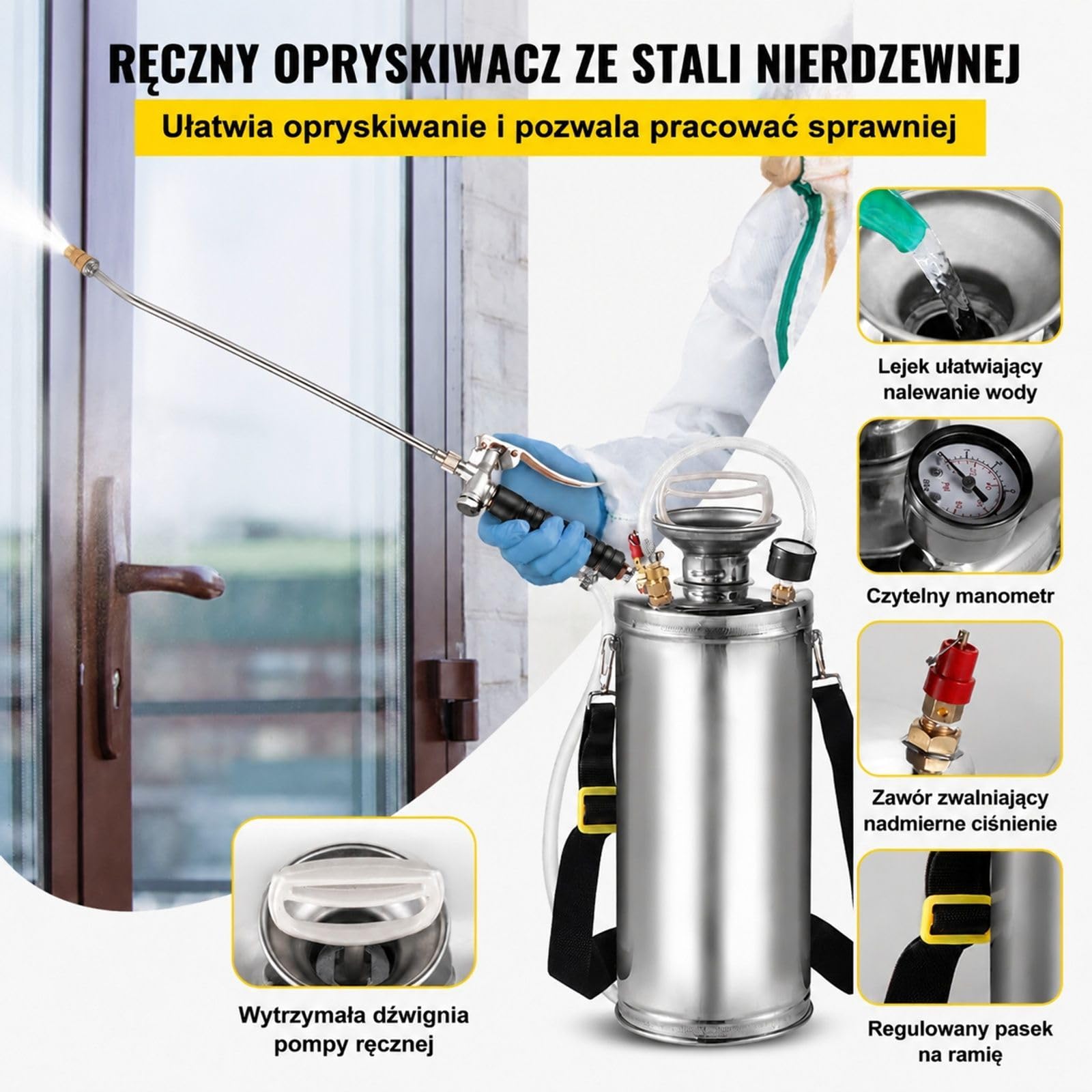 Opryskiwacz ciśnieniowy ze stali nierdzewnej 8 L z zakrzywioną lancą i dyszą wachlarzową do ogrodu oraz roślin