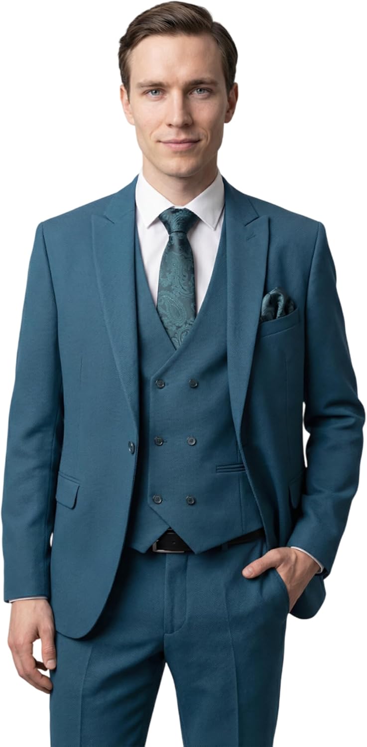 Men’s Pique Textured Suit Double Breasted Vest 3 Piece Wedding Business Set