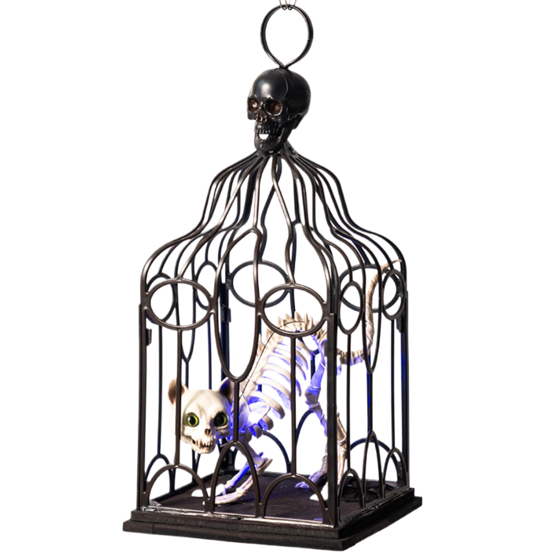 Décor animatronique d'Halloween squelette suspendu avec cage de chat pour maison hantée