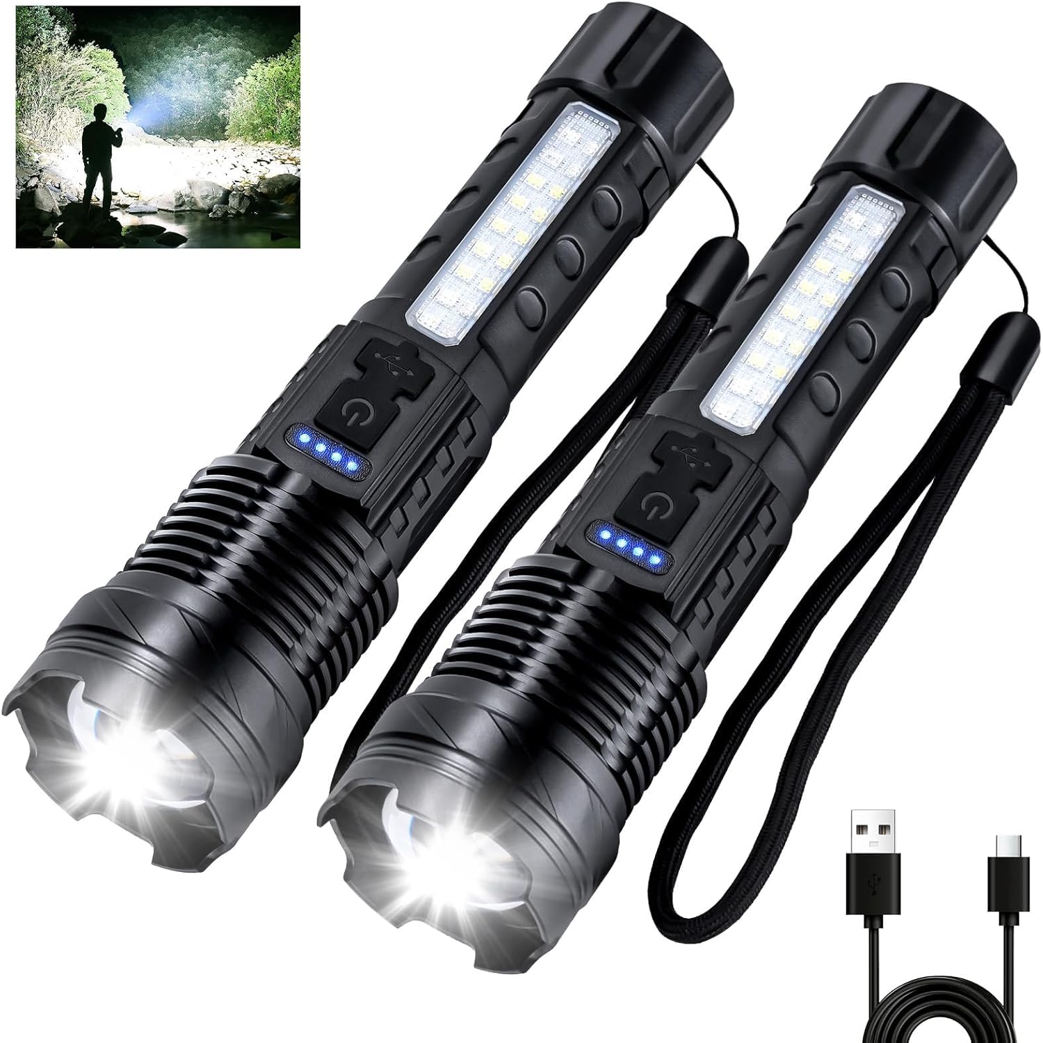 Flashlights Excessive Lumens Rechargeable 980,000L, 2 Packs LED Tremendous Brilliant Flashlight, 7 Modes Adjustable Flash Mild with USB C, Aspect Mild, Waterproof, Highly effective Flashlight For Emergencies, Tenting