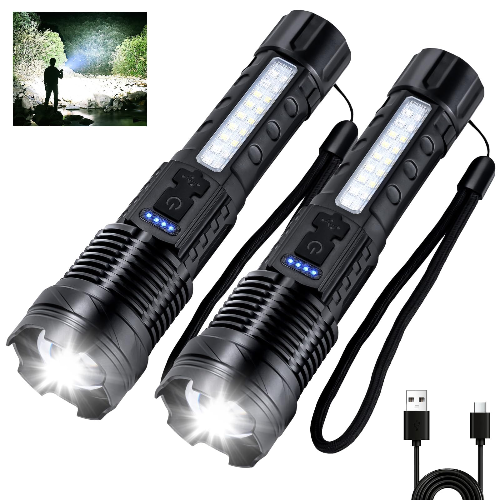 Flashlights High Lumens Rechargeable 980,000L, 2 Packs LED Super Bright Flashlight, 7 Modes Adjustable Flash Light with USB C, Side Light, Waterproof,
