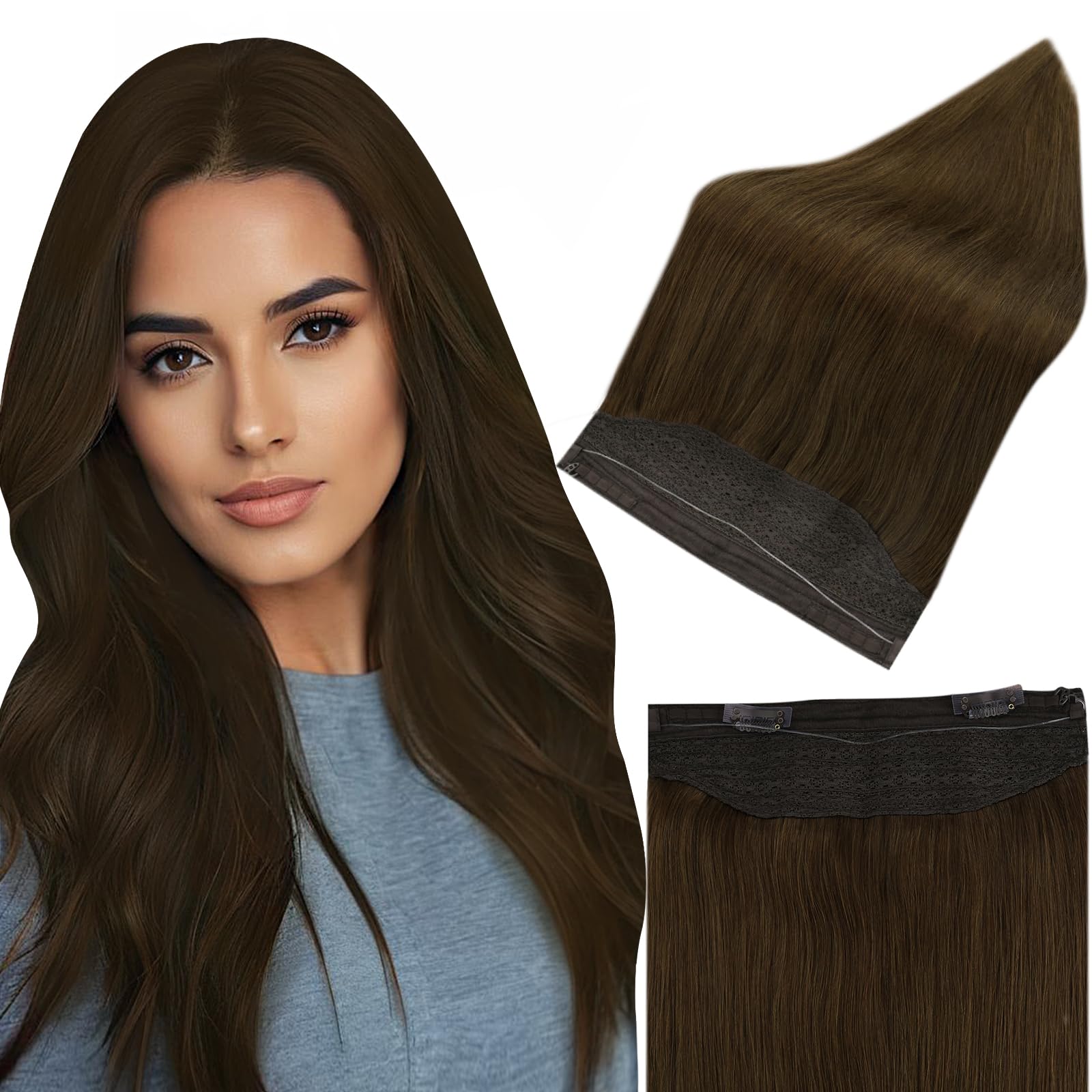 Fshine Wire Hair Extensions Real Human Hair Color 4 Darker Brown Secret Fish Line Natural Hairpiece 16 Inch Clip in Hair Extensions 100G