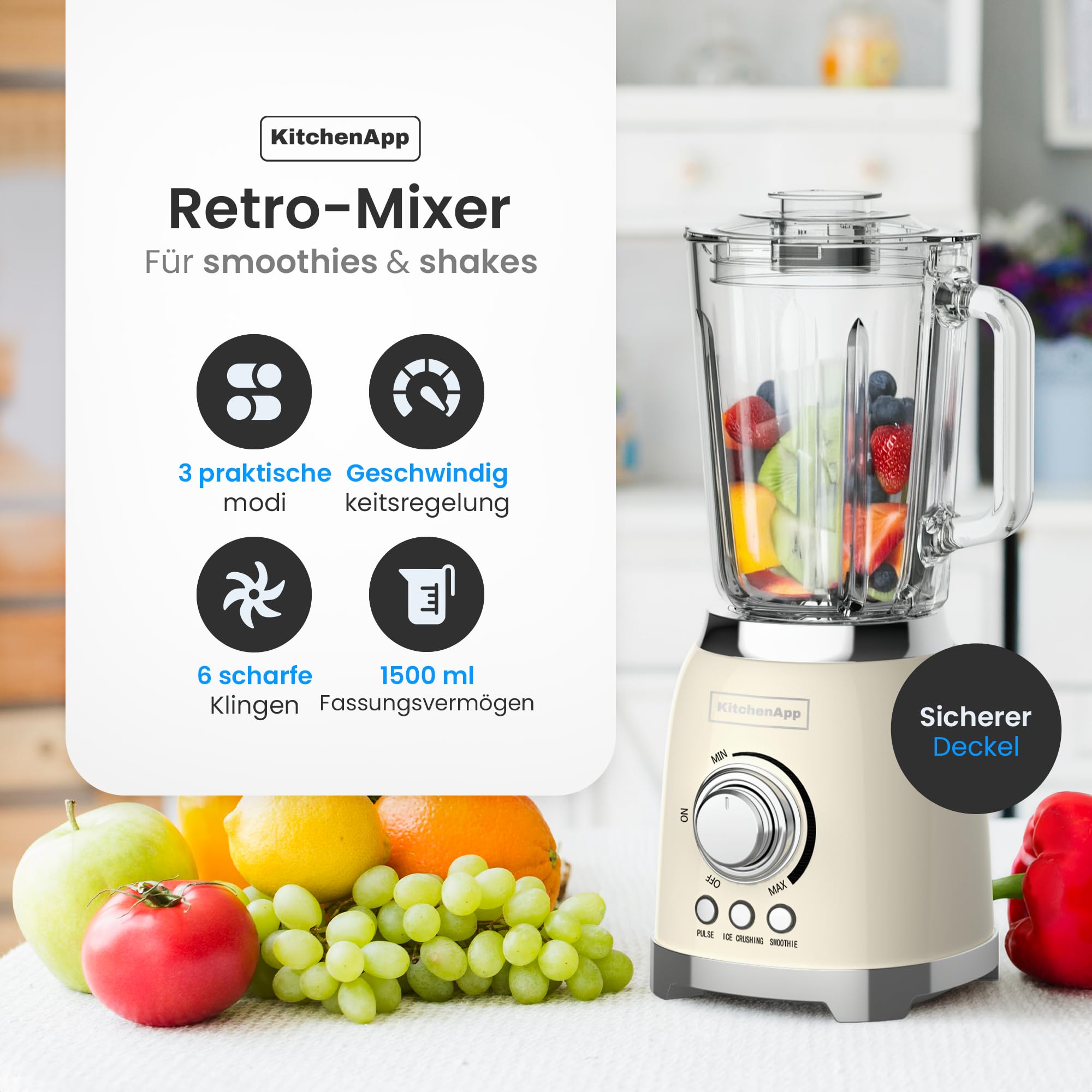Retro Standmixer 1,5L mit Glaskanne – 800W Mixer mit Eiscrusher, Smoothie- & Pulse-Funktion, Beige