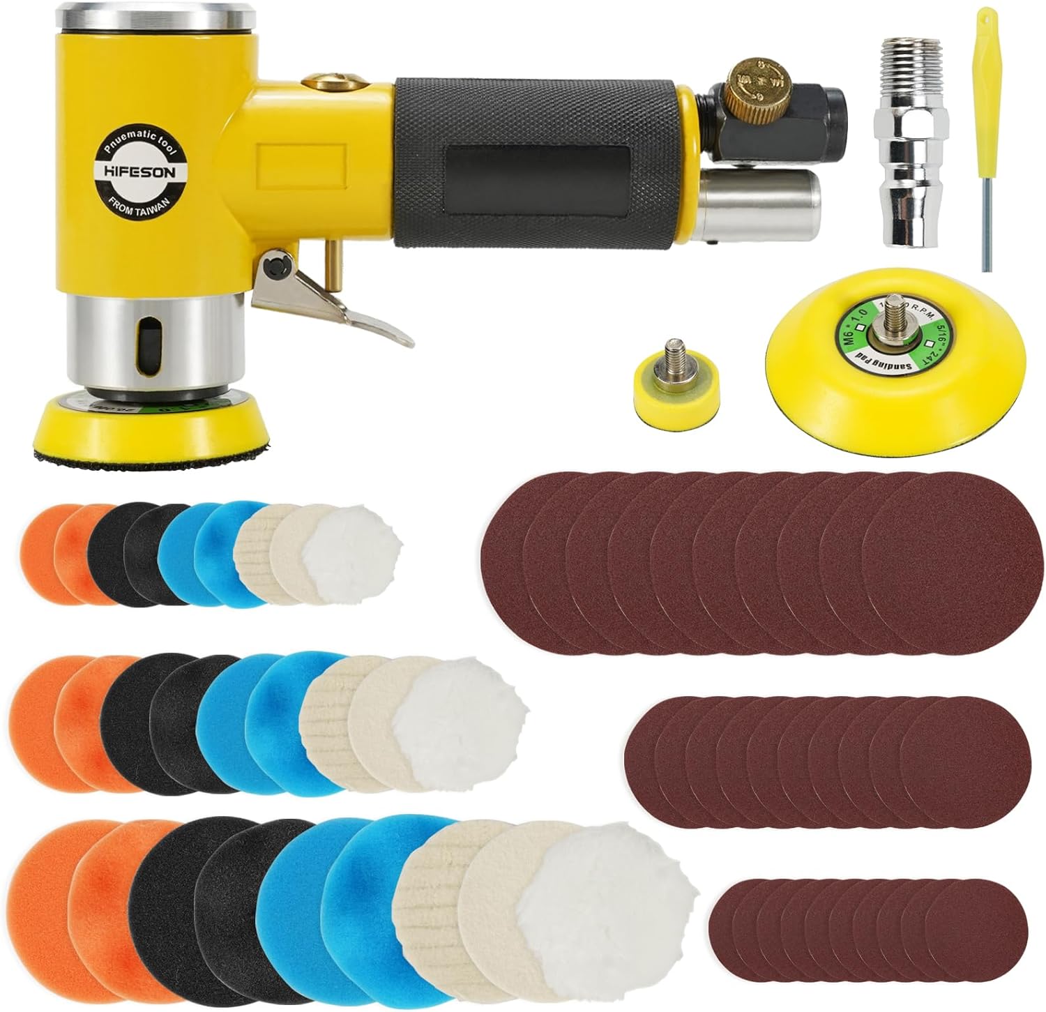 1/2/3 Inch Air Sander Sets For Car Polishing, High Speed Air Mini Polisher, Pneumatic Mini Orbital Sander Set with 27 Polishing Buffing Pads,30 Sandpapers