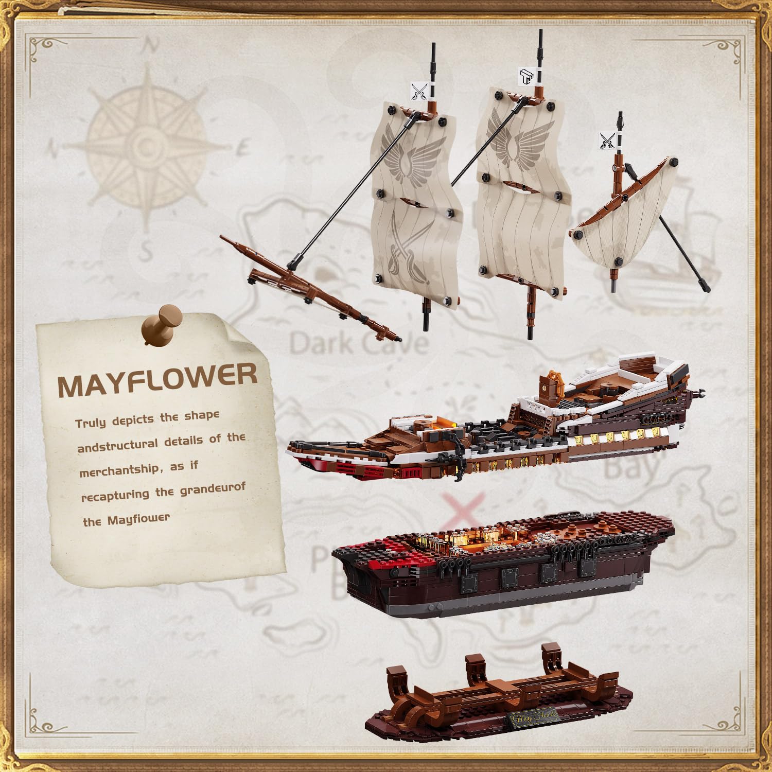 TYCOLE Juego de construcción de barco pirata con luces-Modelo de barco Mayflower de juguete,decoración para el hogar y la oficina,opción ideal para adultos y niños de 8 a 14 años regalo (2076 piezas)