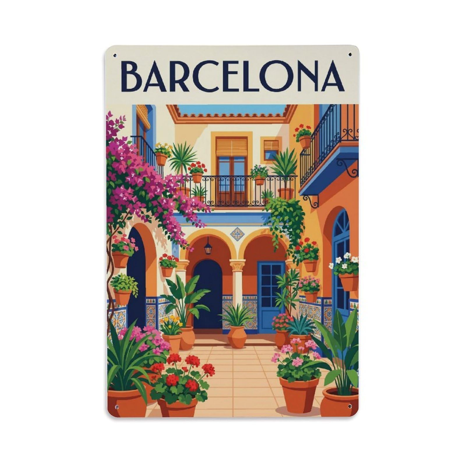 Vintage Travel Courtyard Spain Flowering Metal Tin Sign Plaque Wall Decor for Cafe, Club Bar, Office, Home Garden Metal Poster 8x12Inch